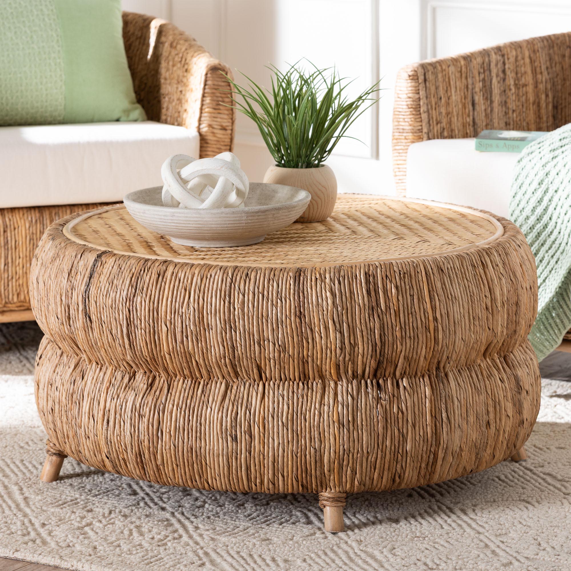 bali & pari Roma Rattan and Seagrass Coffee Table - Low Profile Boho Accent Table with Textured Design and Natural Finish, Handcrafted Rattan Centerpiece for Living Room or Lounge