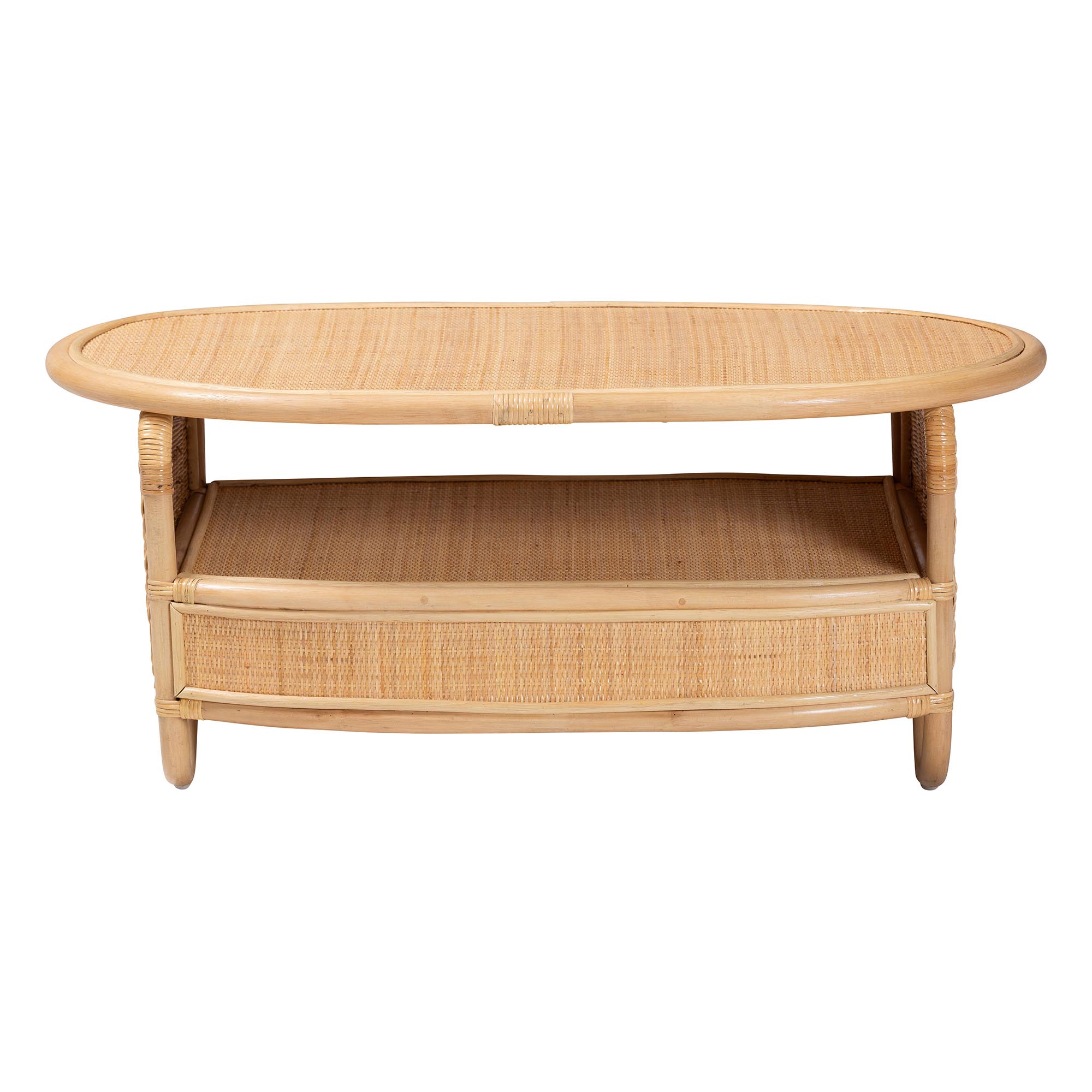bali & pari Dyna Natural Rattan Coffee Table with Open Shelf - Handwoven Wicker Accent Table with Oval Tabletop and Braided Weavings, Coastal Boho Living Room Centerpiece