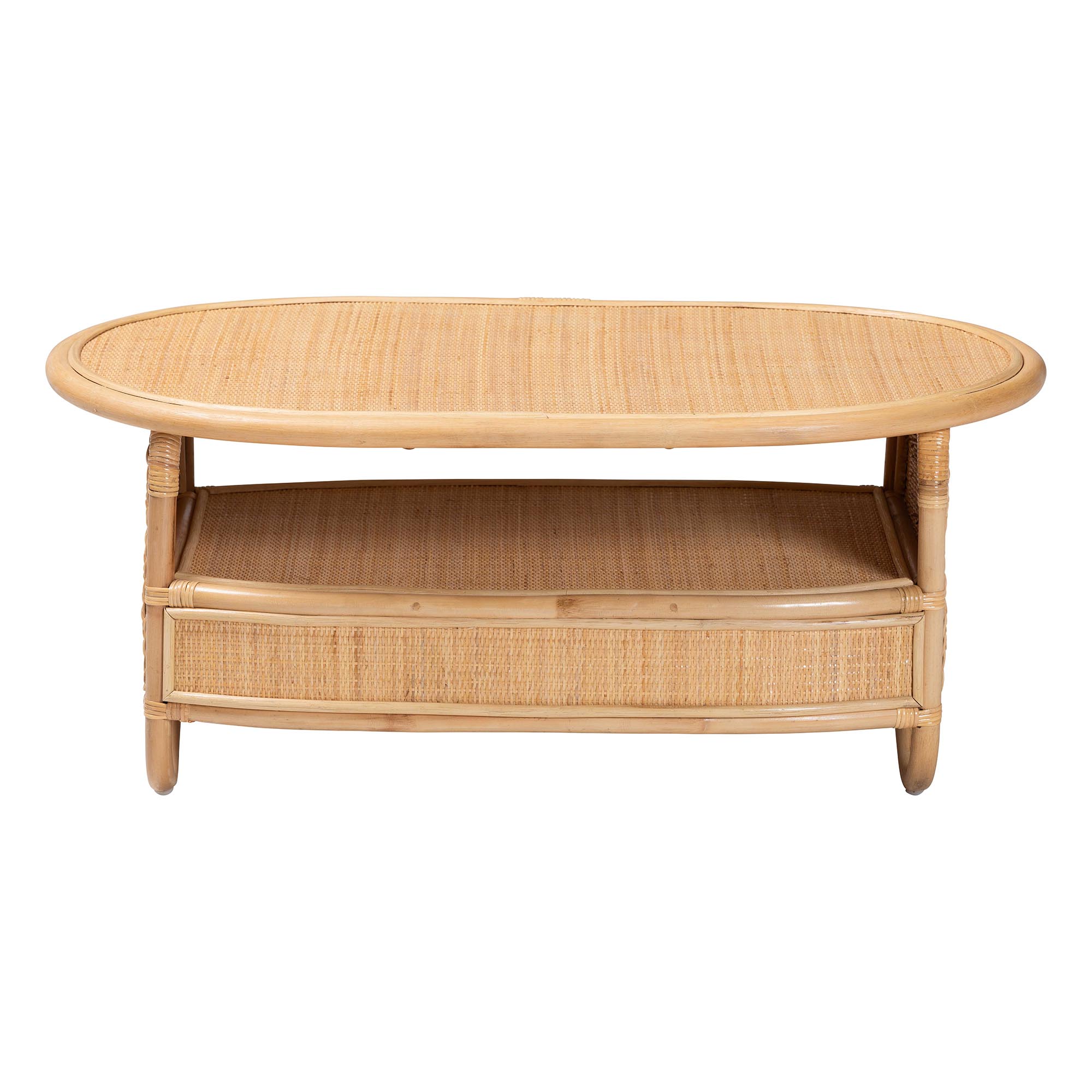 bali & pari Dyna Natural Rattan Coffee Table with Open Shelf - Handwoven Wicker Accent Table with Oval Tabletop and Braided Weavings, Coastal Boho Living Room Centerpiece
