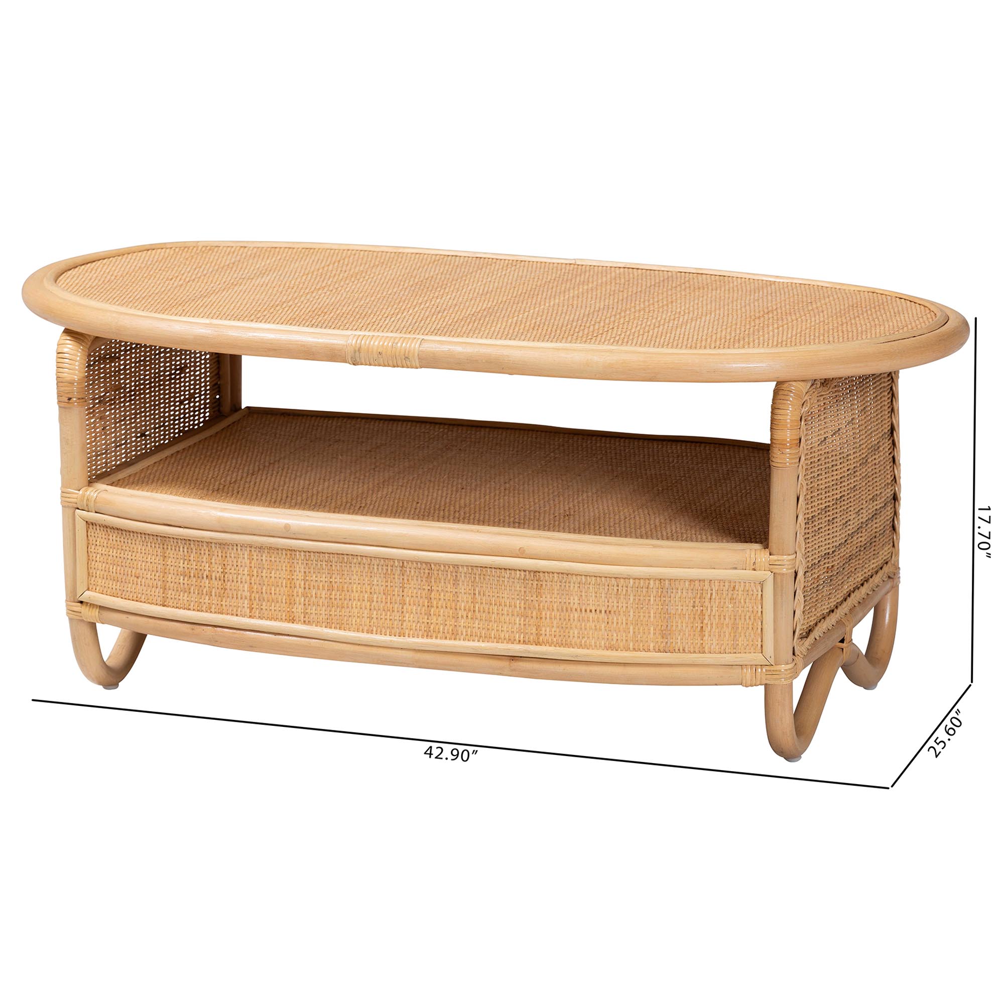 bali & pari Dyna Natural Rattan Coffee Table with Open Shelf - Handwoven Wicker Accent Table with Oval Tabletop and Braided Weavings, Coastal Boho Living Room Centerpiece