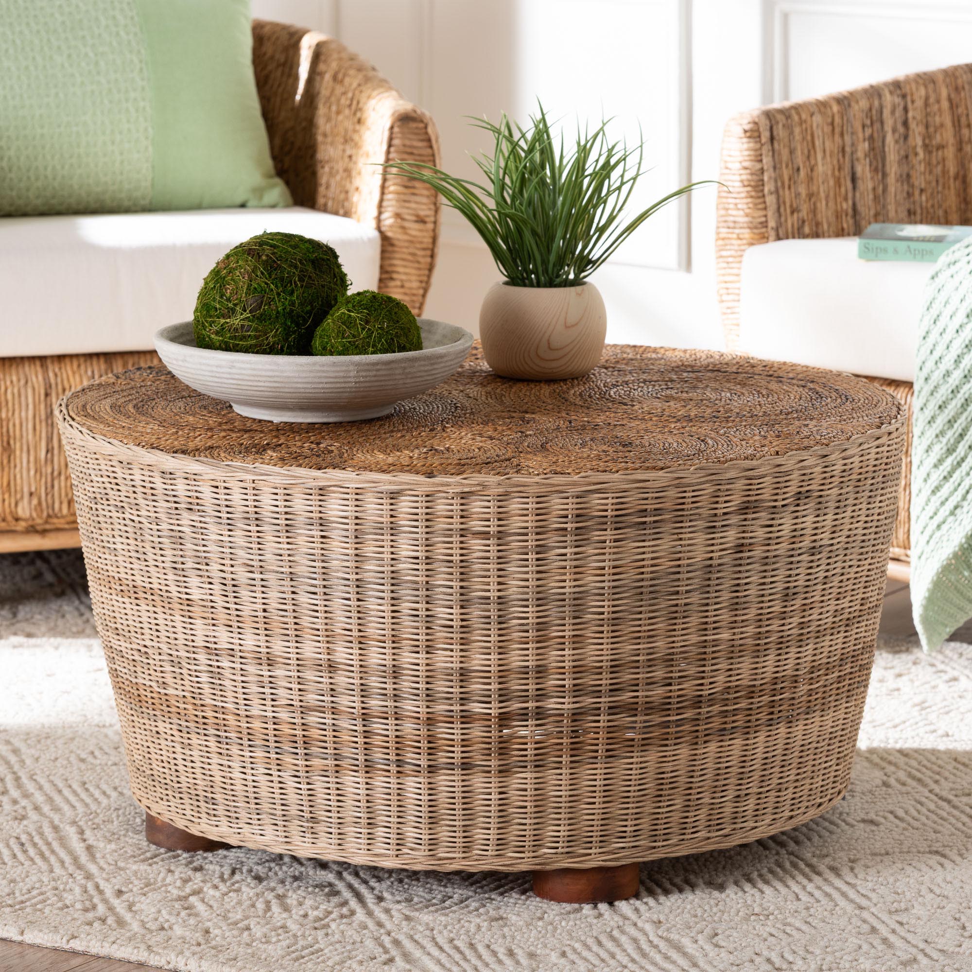 bali & pari Hosanna Natural Rattan Coffee Table - Handwoven Wicker Accent Table with Textured Spiral Top for Living Room or Lounge
