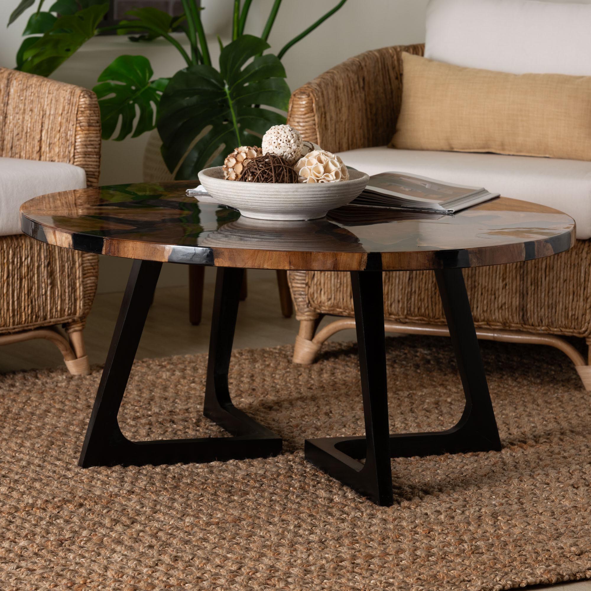 bali & pari Agata Wood and Epoxy Resin Coffee Table - Handcrafted Live Edge Teak Accent Table with Sculptural Base