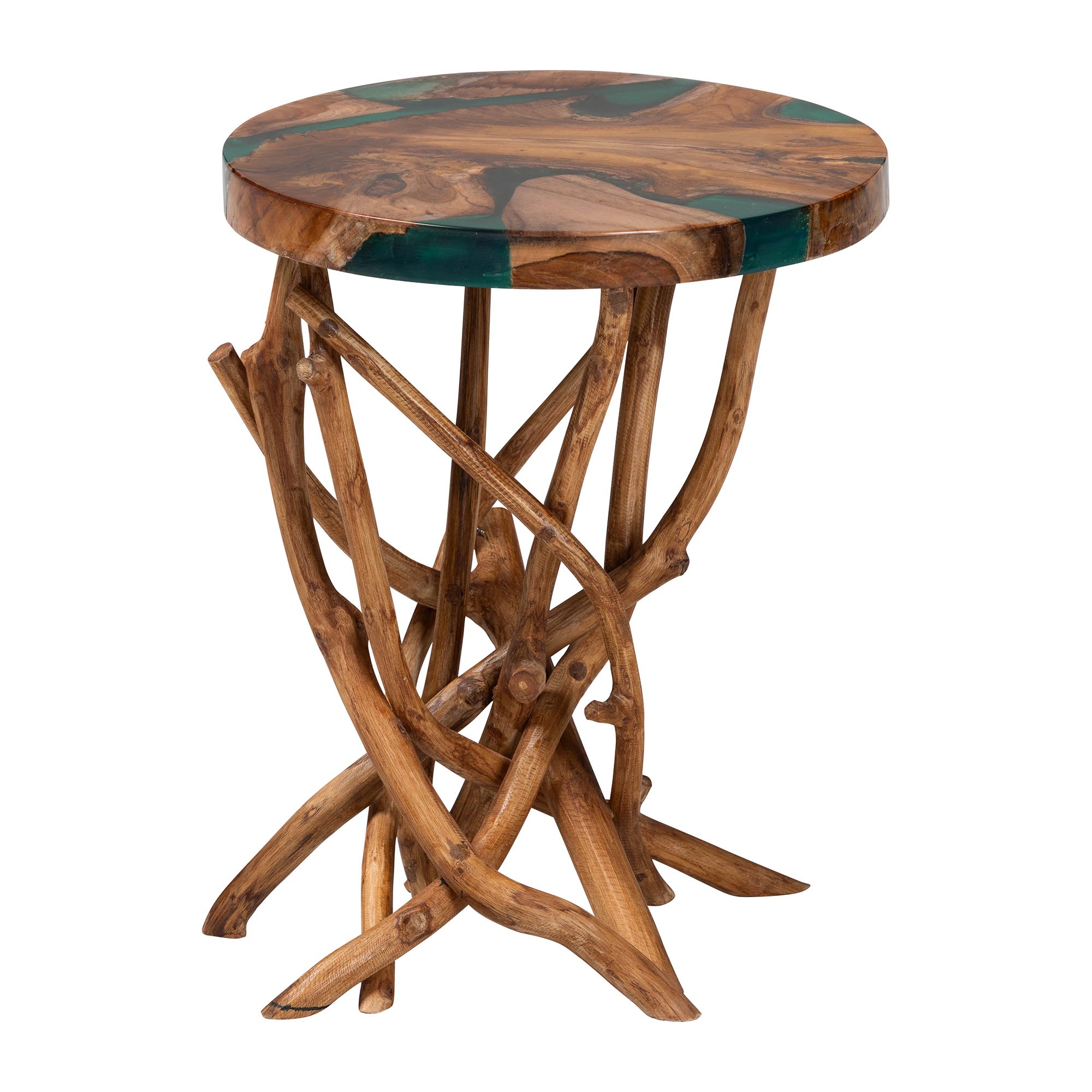 bali & pari Amada Teak Wood Epoxy Resin End Table - Round Live Edge Side Table with Branch Legs, Handcrafted Modern Rustic Accent Table