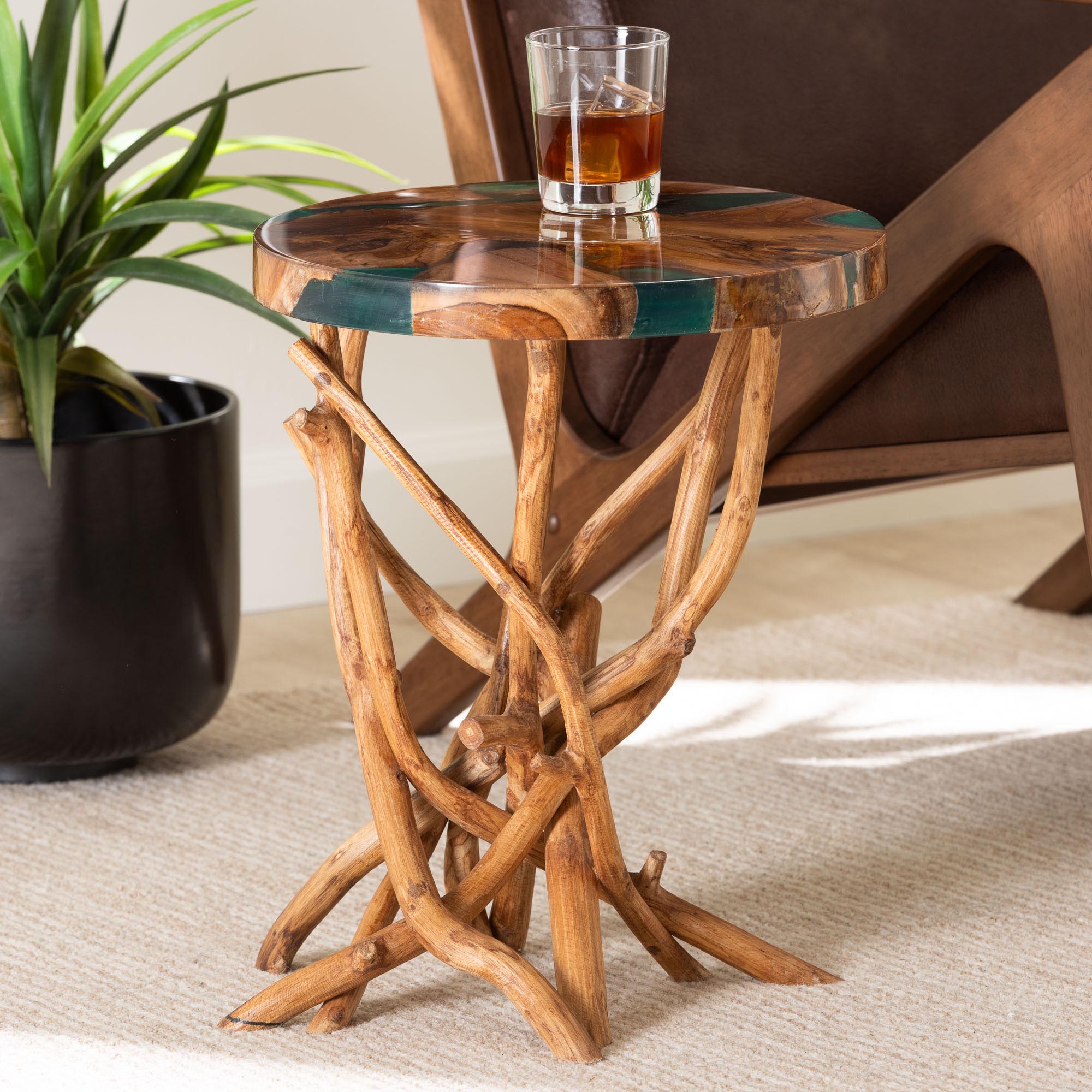 bali & pari Amada Teak Wood Epoxy Resin End Table - Round Live Edge Side Table with Branch Legs, Handcrafted Modern Rustic Accent Table