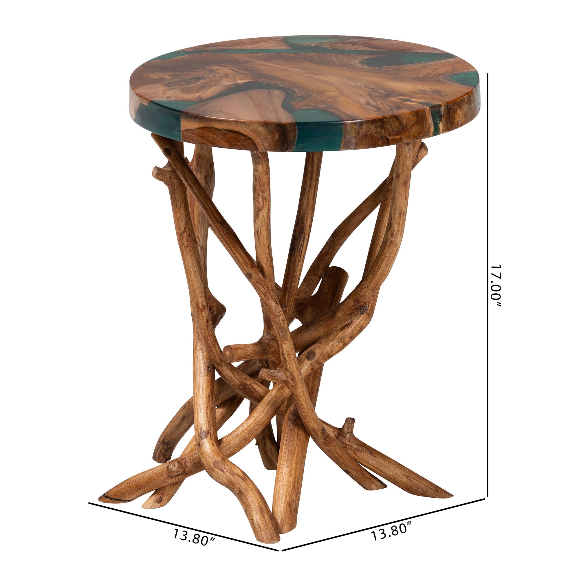 bali & pari Amada Teak Wood Epoxy Resin End Table - Round Live Edge Side Table with Branch Legs, Handcrafted Modern Rustic Accent Table
