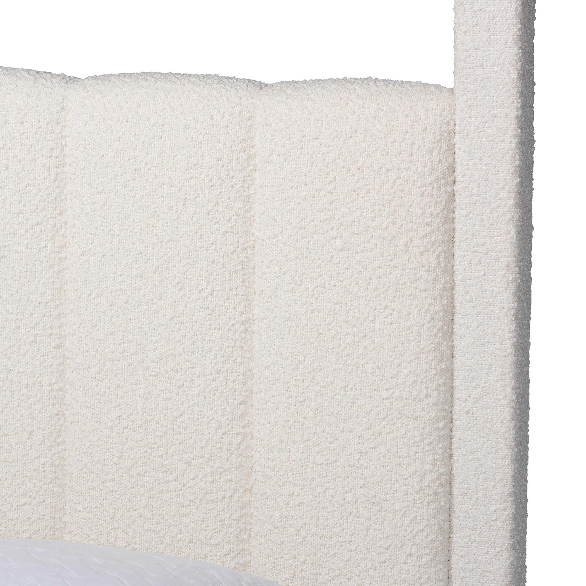 Baxton Studio Aerona Boucle Upholstered Canopy Bed - Four Poster Platform Bed with Channel-Tufted Headboard, Cream, Queen