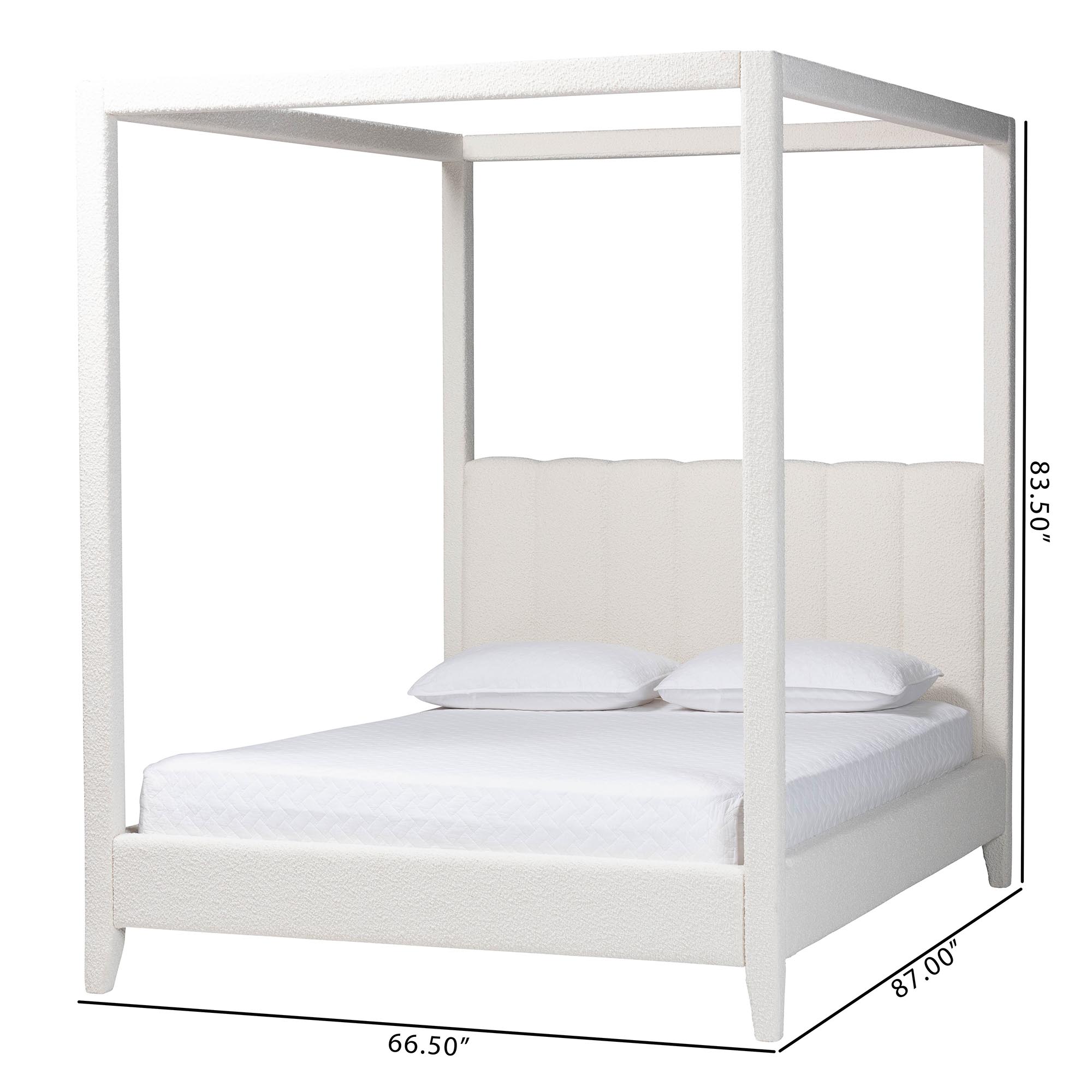 Baxton Studio Aerona Boucle Upholstered Canopy Bed - Four Poster Platform Bed with Channel-Tufted Headboard, Cream, Queen