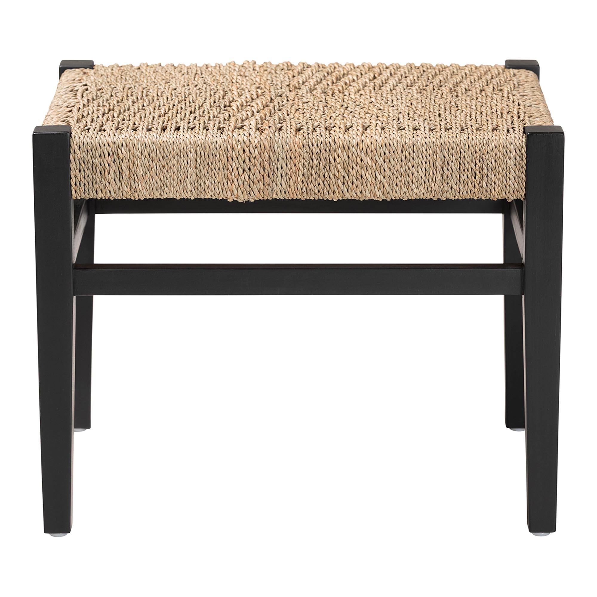 bali & pari Amber Seagrass Accent Bench - Handwoven Natural Fiber Stool with Black Wood Frame, Compact Coastal Boho Seating for Living Room or Entryway
