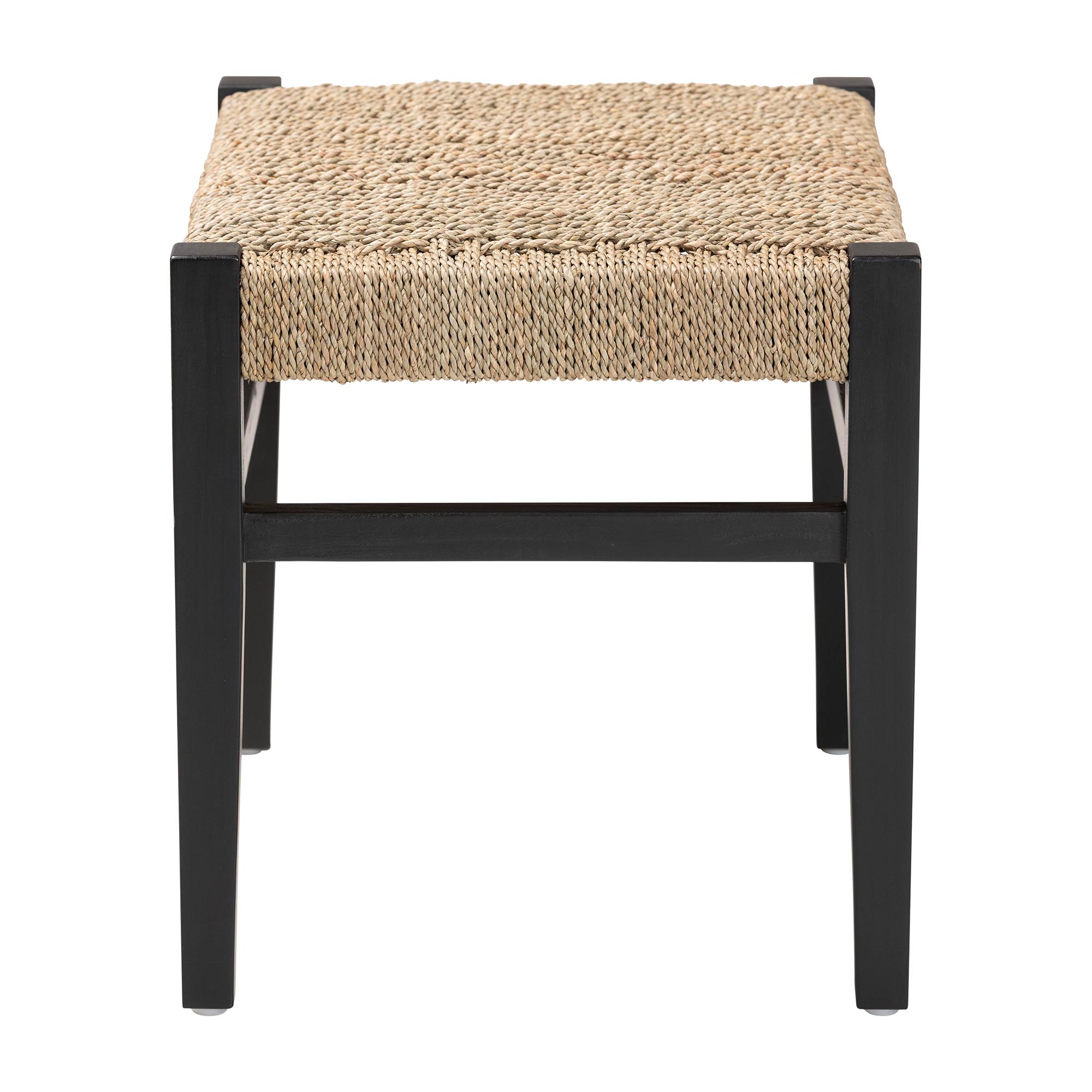 bali & pari Amber Seagrass Accent Bench - Handwoven Natural Fiber Stool with Black Wood Frame, Compact Coastal Boho Seating for Living Room or Entryway