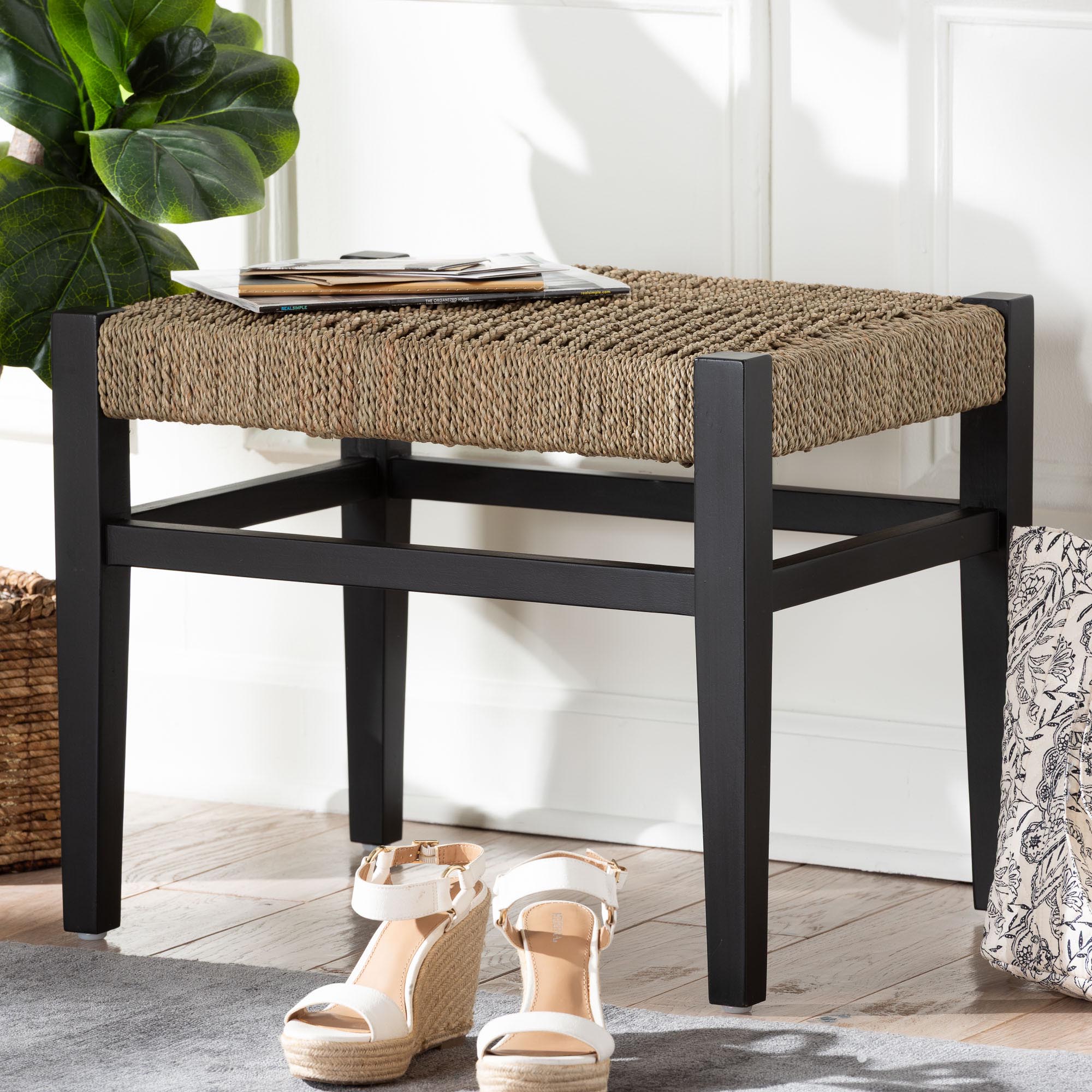 bali & pari Amber Seagrass Accent Bench - Handwoven Natural Fiber Stool with Black Wood Frame, Compact Coastal Boho Seating for Living Room or Entryway