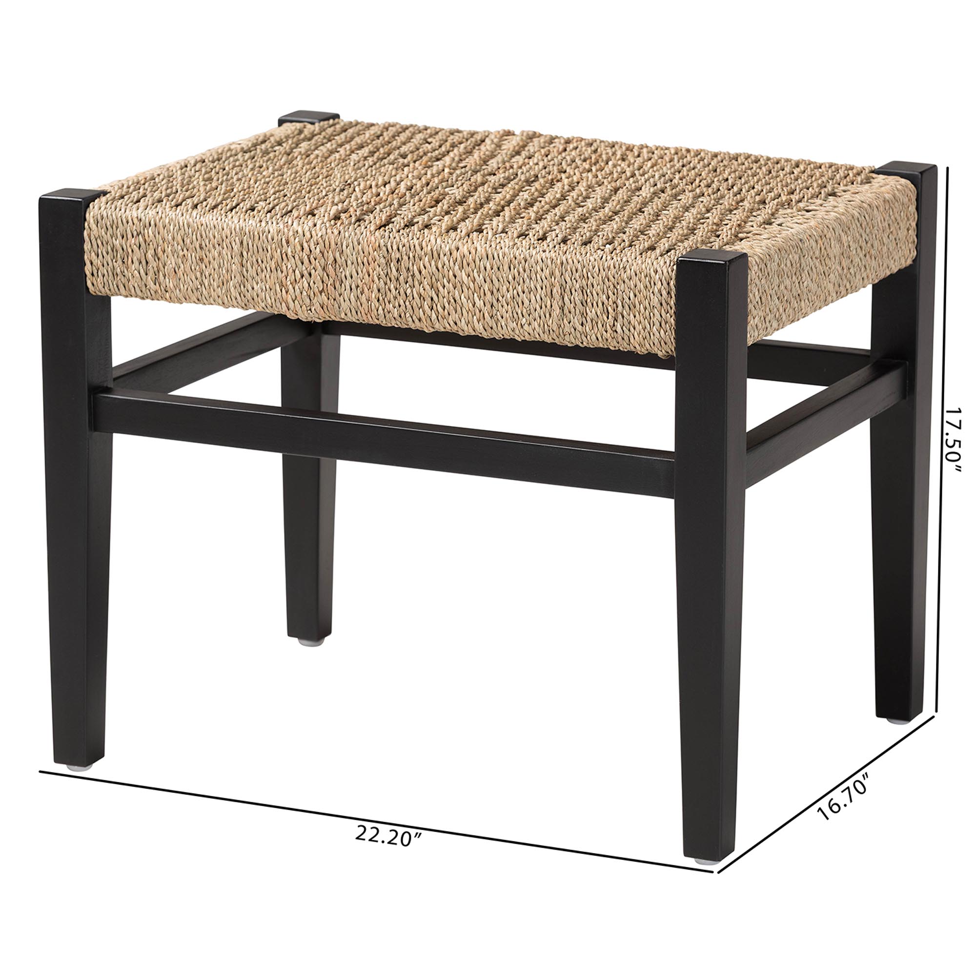 bali & pari Amber Seagrass Accent Bench - Handwoven Natural Fiber Stool with Black Wood Frame, Compact Coastal Boho Seating for Living Room or Entryway