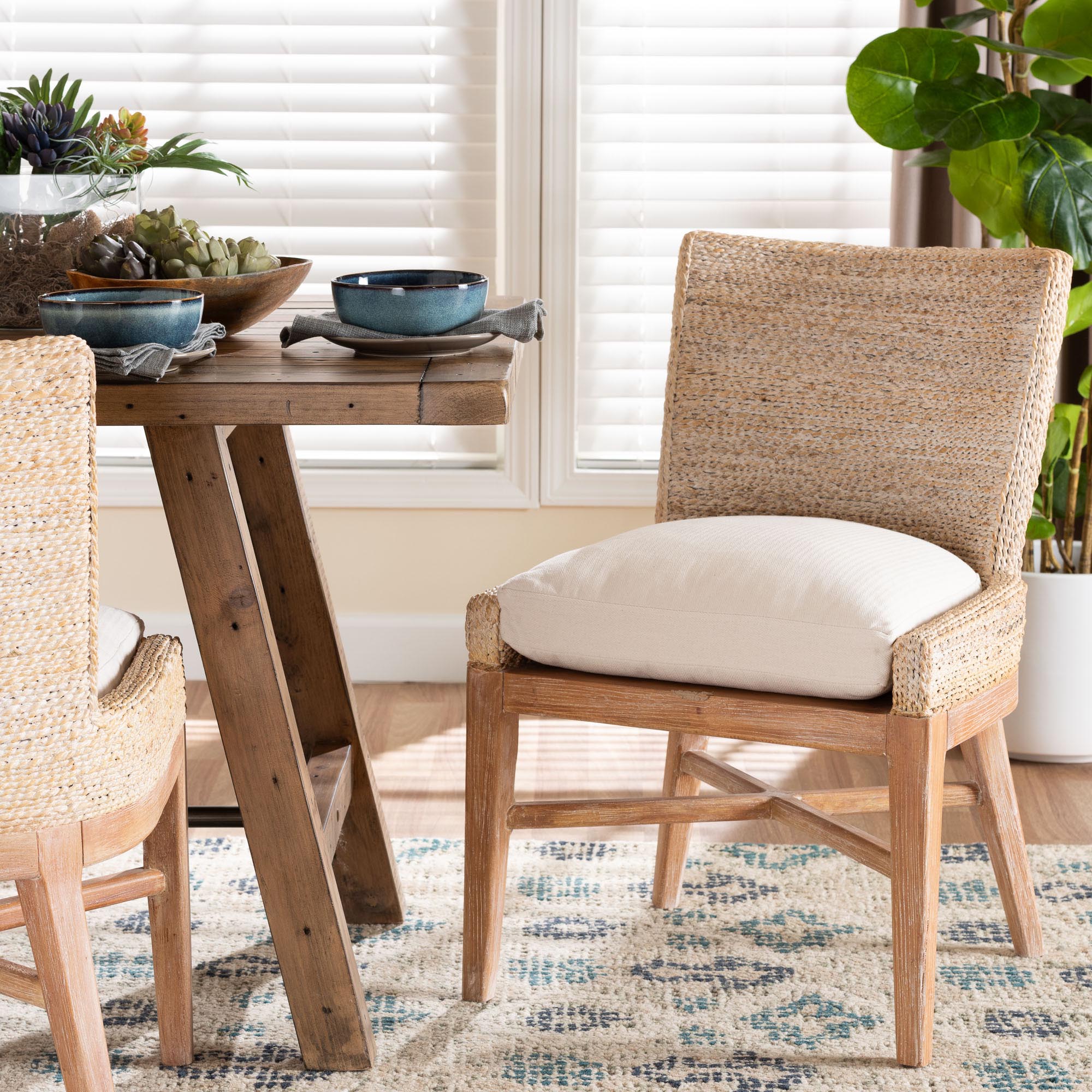 bali & pari Ridley Seagrass Dining Chair with Mahogany Wood Frame - Coastal Accent Chair with Woven Square Back and Cushioned Seat for Dining Room or Kitchen, Whitewash