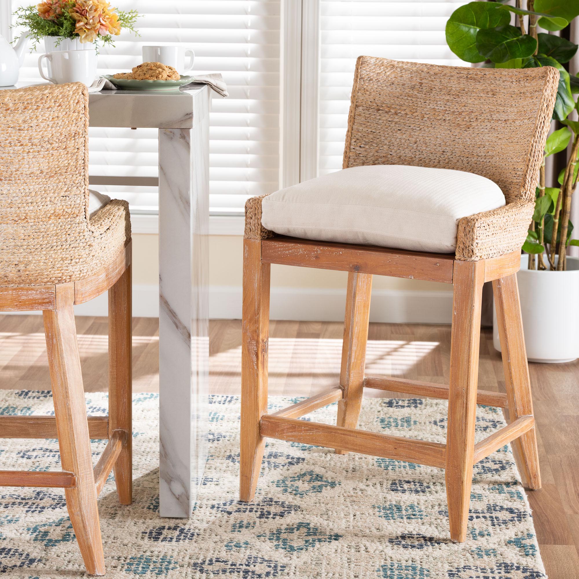 bali & pari Ridley Seagrass Counter Stool with Mahogany Wood Frame - Coastal Seating with Woven Square Back and Cushioned Seat for Kitchen Island or Breakfast Bar, Whitewash