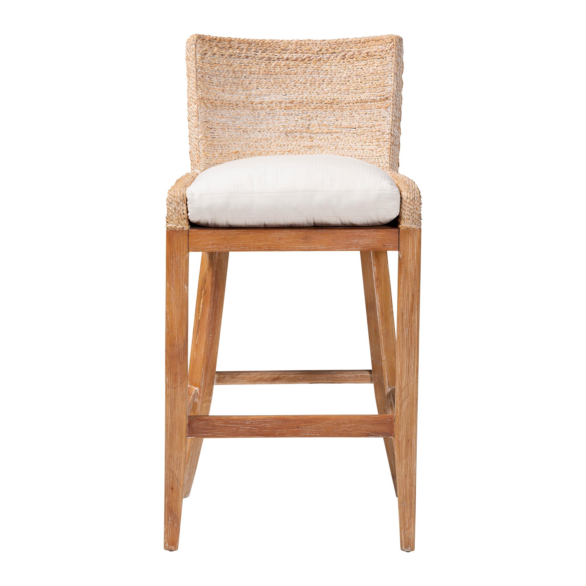 bali & pari Ridley Seagrass Bar Stool with Mahogany Wood Frame - Coastal Seating with Woven Square Back and Cushioned Seat for Bar Island or Lounge, Whitewash