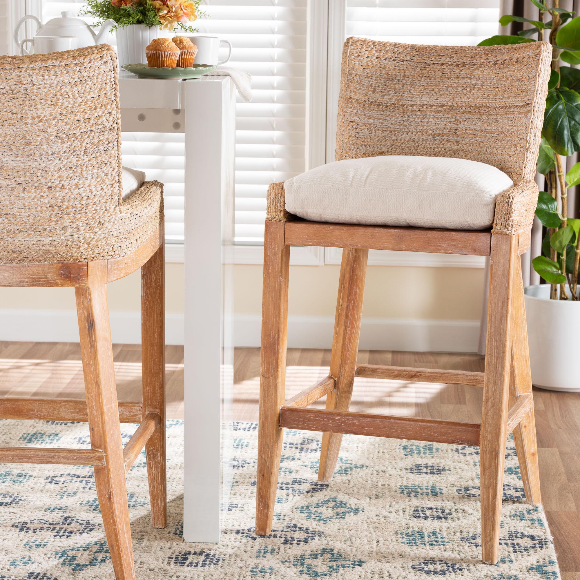 bali & pari Ridley Seagrass Bar Stool with Mahogany Wood Frame - Coastal Seating with Woven Square Back and Cushioned Seat for Bar Island or Lounge, Whitewash