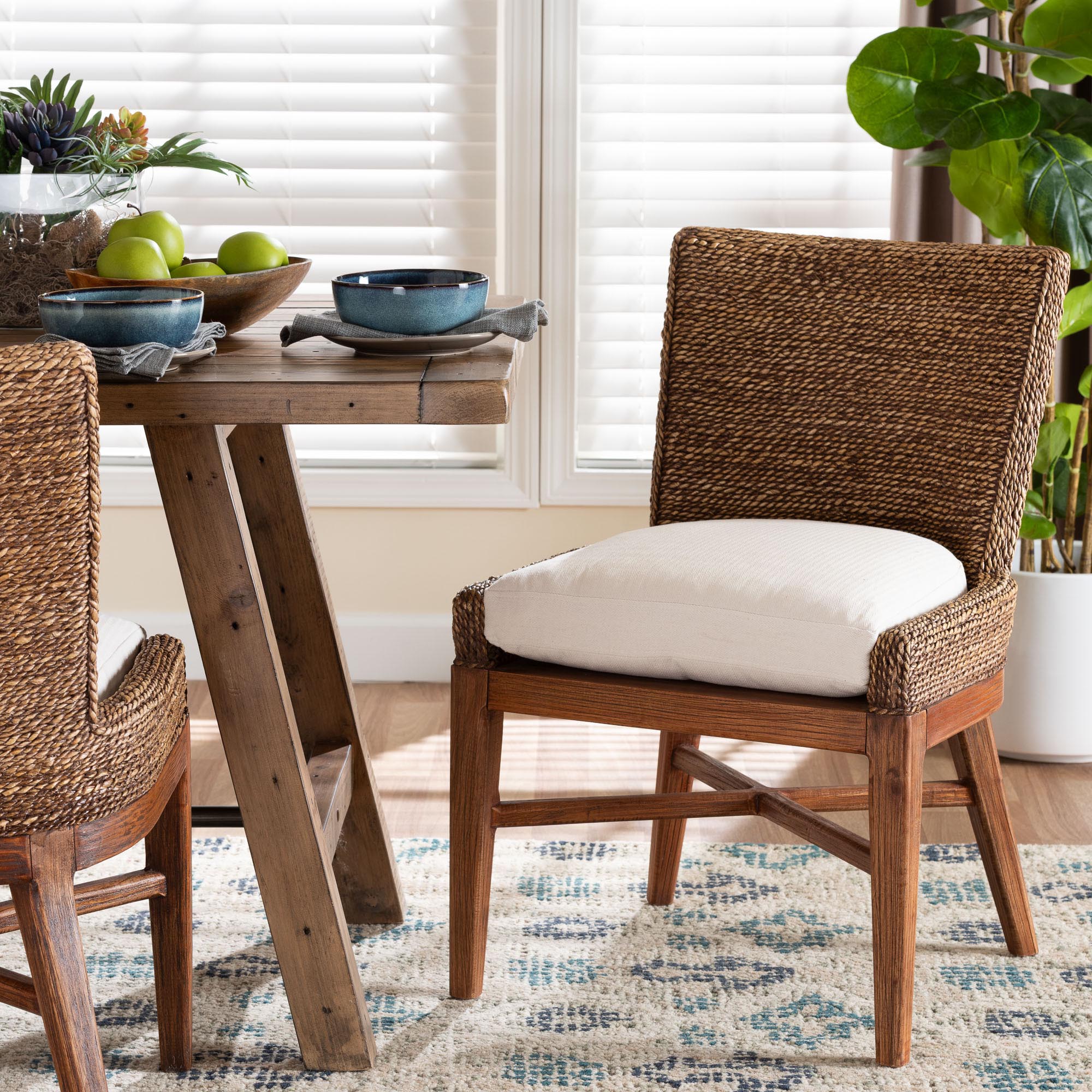 bali & pari Ridley Seagrass Dining Chair with Mahogany Wood Frame - Coastal Accent Chair with Woven Square Back and Cushioned Seat for Dining Room or Kitchen, Brown Wash