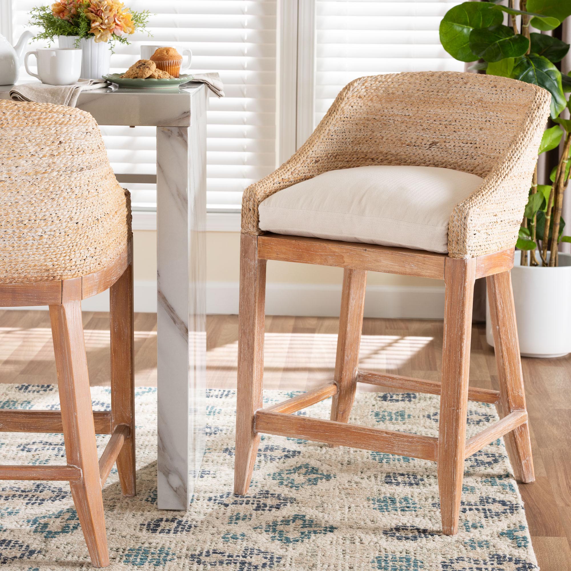 bali & pari Jasper Seagrass Counter Stool with Mahogany Wood Frame - Coastal Seating with Woven Wingback and Cushioned Seat for Kitchen Island or Breakfast Bar, Whitewash