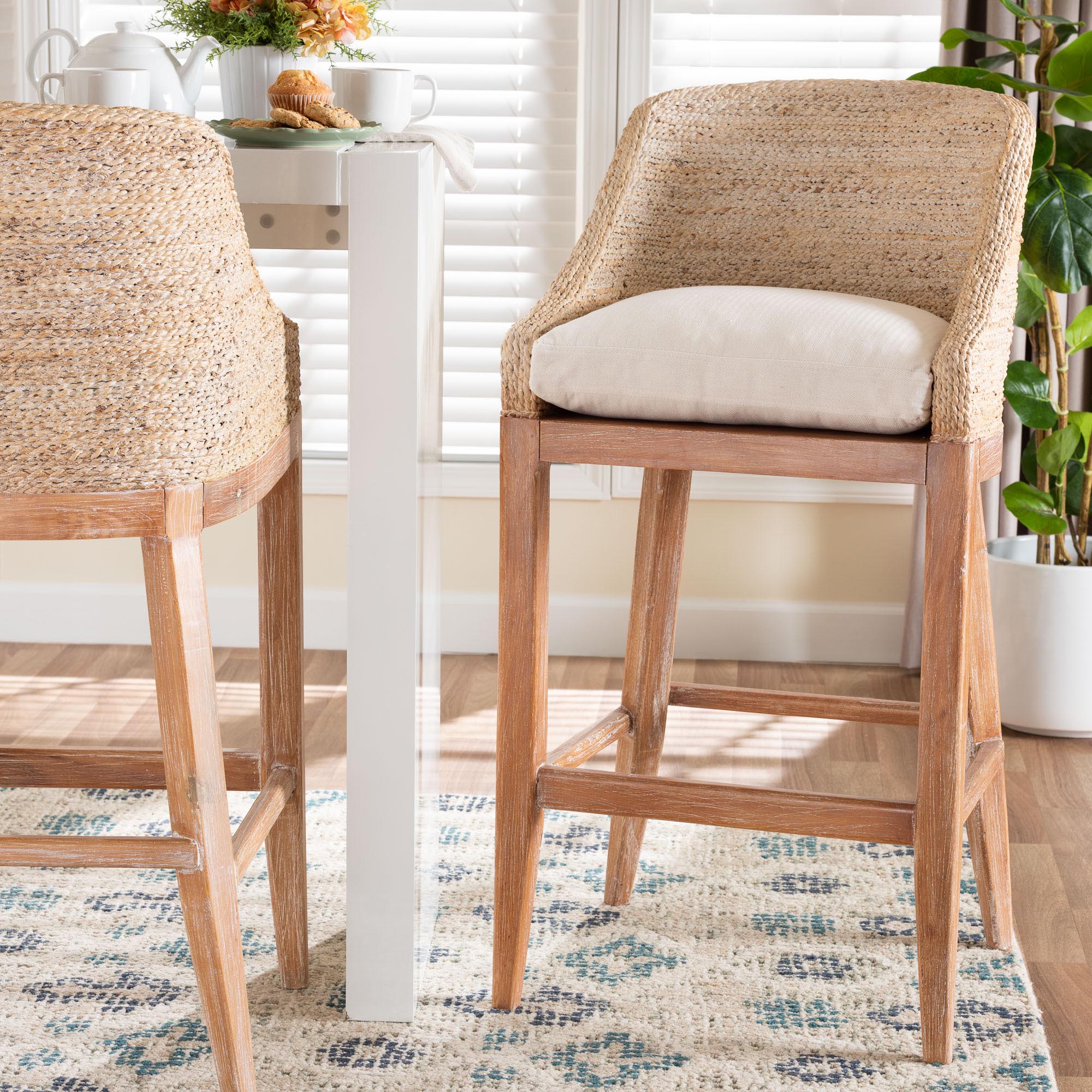 bali & pari Jasper Seagrass Bar Stool with Mahogany Wood Frame - Coastal Seating with Woven Wingback and Cushioned Seat for Bar Island or Lounge, Whitewash