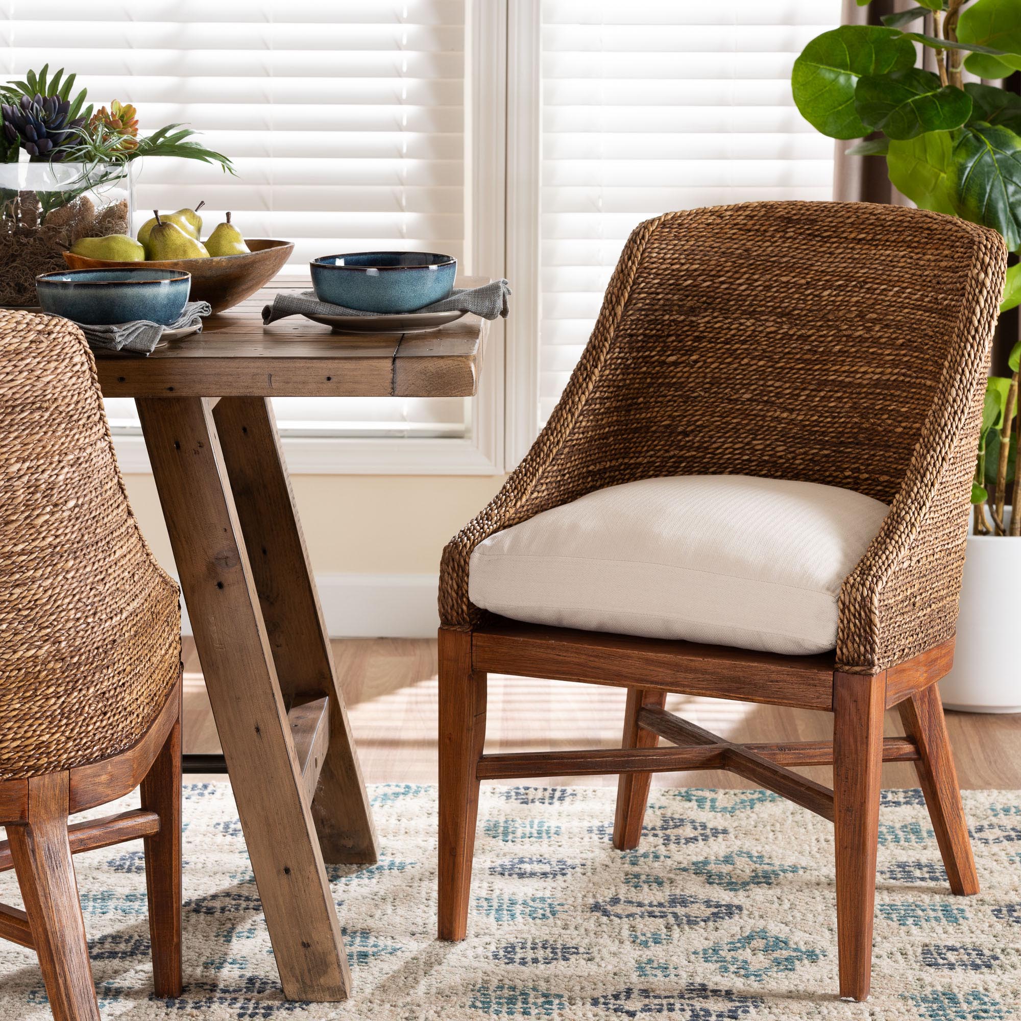 bali & pari Jasper Seagrass Dining Chair with Mahogany Wood Frame - Coastal Accent Chair with Woven Wingback and Cushioned Seat for Dining Room or Kitchen, Brown Wash