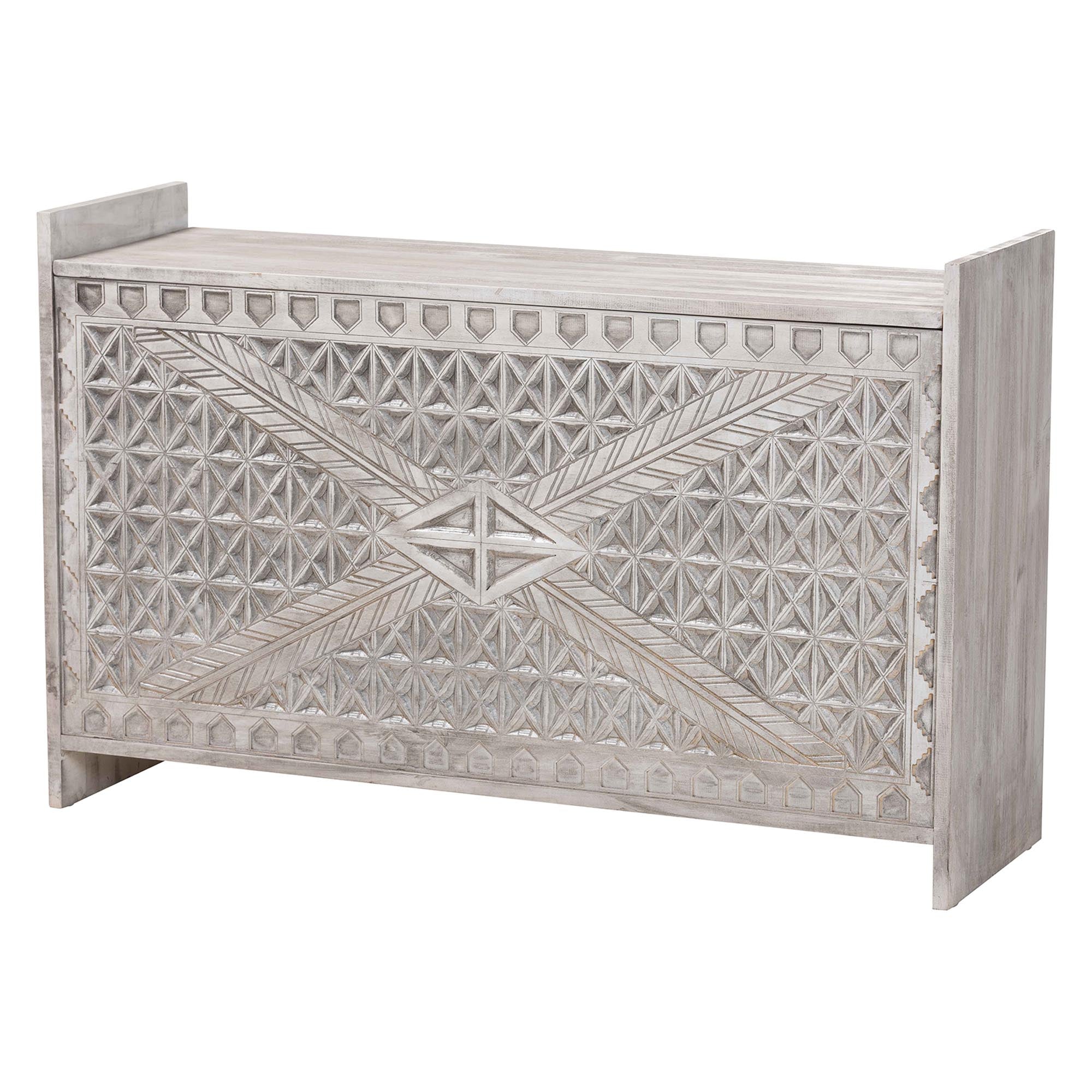 bali & pari Amado Wood Storage Trunk with Carved Front Panel - Decorative Whitewashed Trunk with Spacious Hidden Storage, Vintage Boho Furniture for Living Room or Entryway