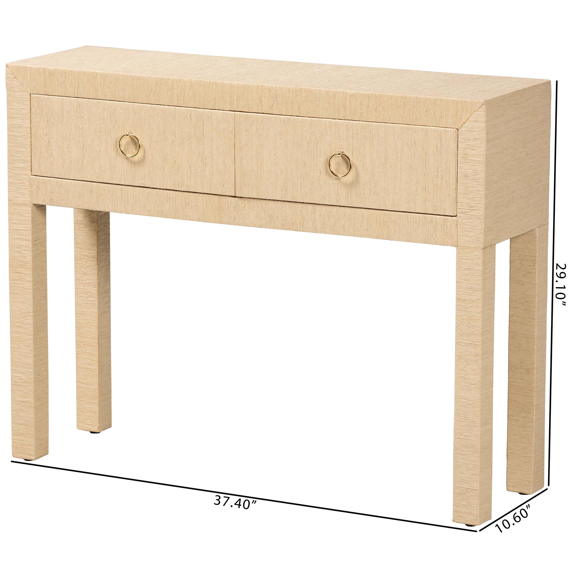 bali & pari Noah Grasscloth 2-Drawer Console Table - Woven Texture Entryway Table with Gold Ring Pulls, Narrow Hallway or Living Room Accent Table, Light Brown