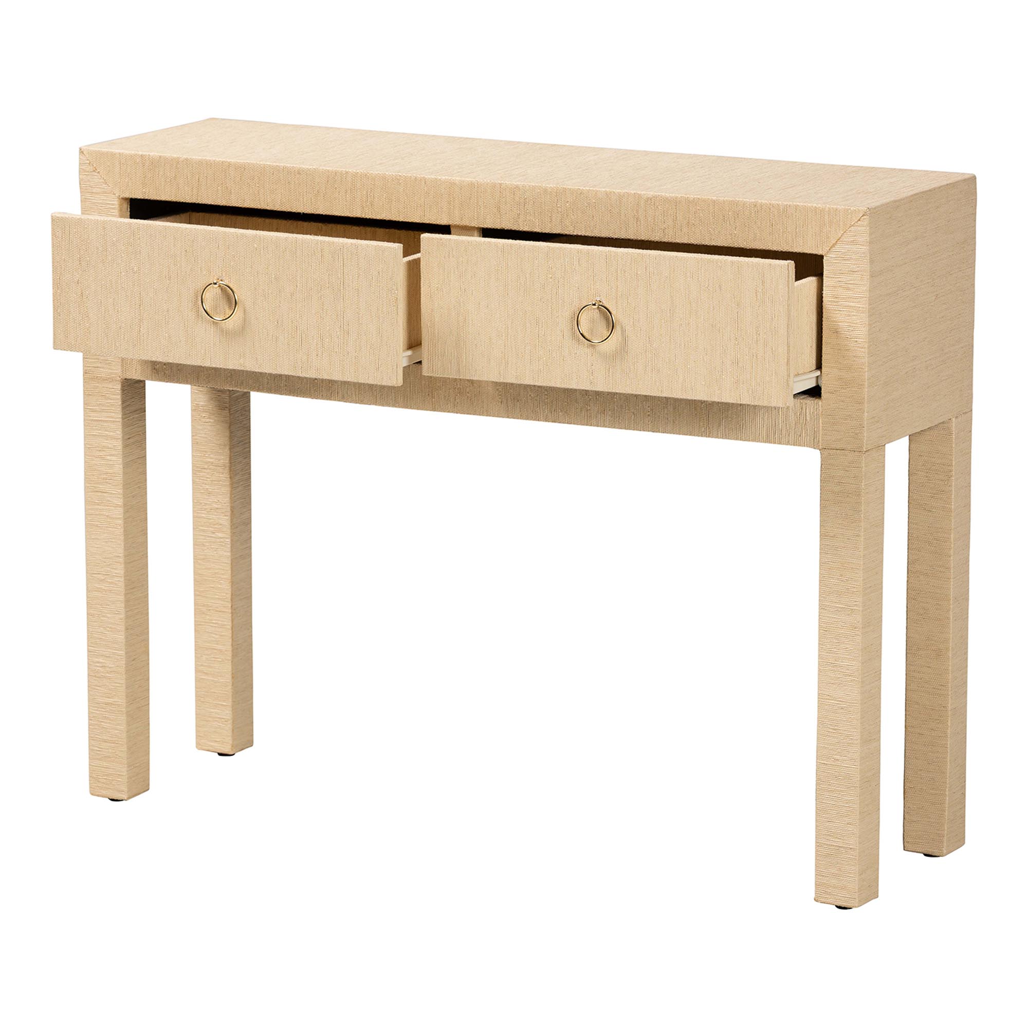 bali & pari Noah Grasscloth 2-Drawer Console Table - Woven Texture Entryway Table with Gold Ring Pulls, Narrow Hallway or Living Room Accent Table, Light Brown