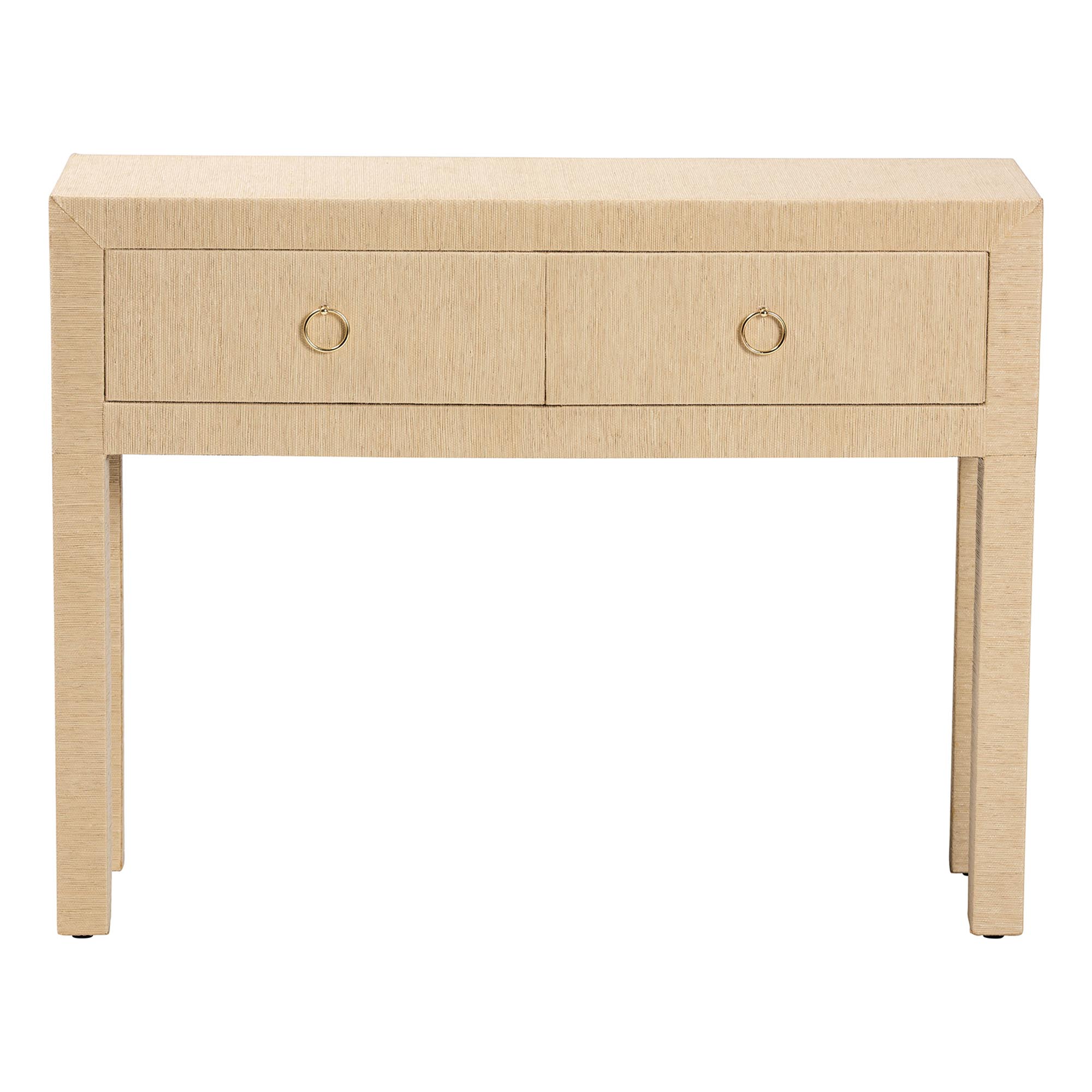 bali & pari Noah Grasscloth 2-Drawer Console Table - Woven Texture Entryway Table with Gold Ring Pulls, Narrow Hallway or Living Room Accent Table, Light Brown