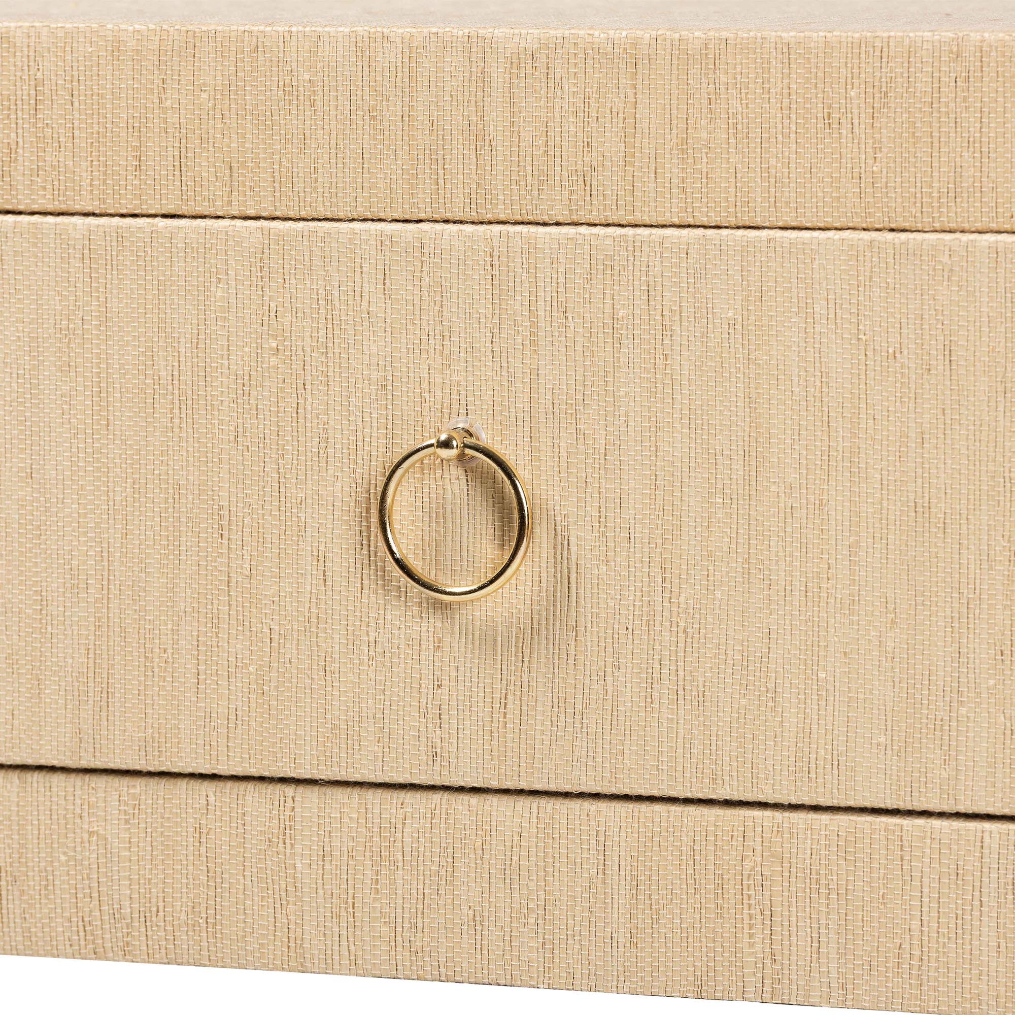bali & pari Noah Grasscloth 2-Drawer Console Table - Woven Texture Entryway Table with Gold Ring Pulls, Narrow Hallway or Living Room Accent Table, Light Brown