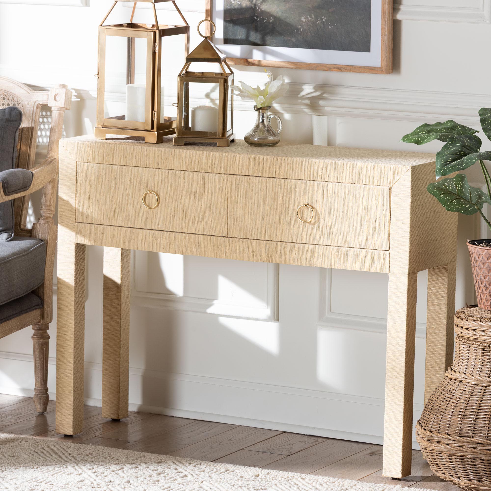 bali & pari Noah Grasscloth 2-Drawer Console Table - Woven Texture Entryway Table with Gold Ring Pulls, Narrow Hallway or Living Room Accent Table, Light Brown