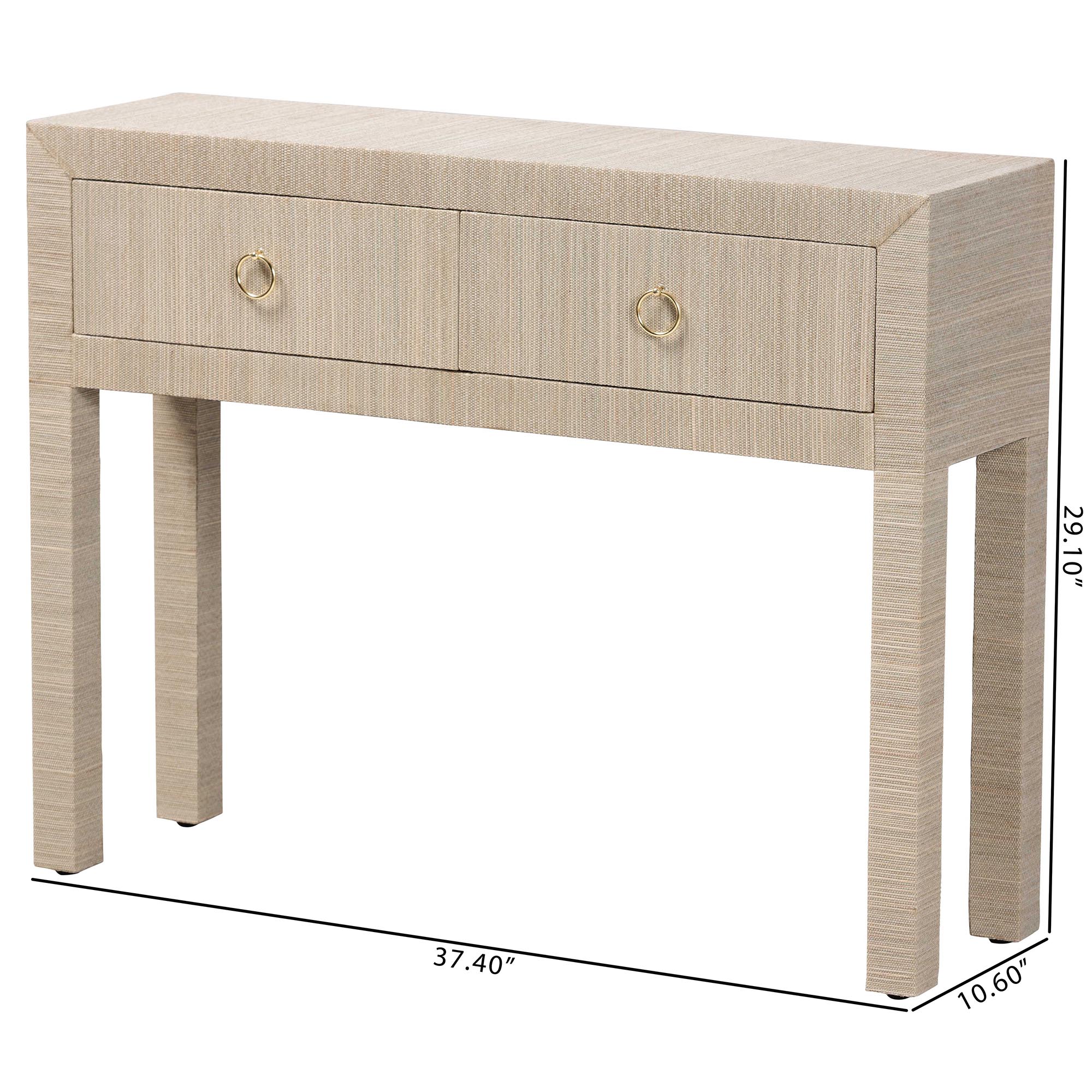 bali & pari Noah Grasscloth 2-Drawer Console Table - Woven Texture Entryway Table with Gold Ring Pulls, Narrow Hallway or Living Room Accent Table, Beige