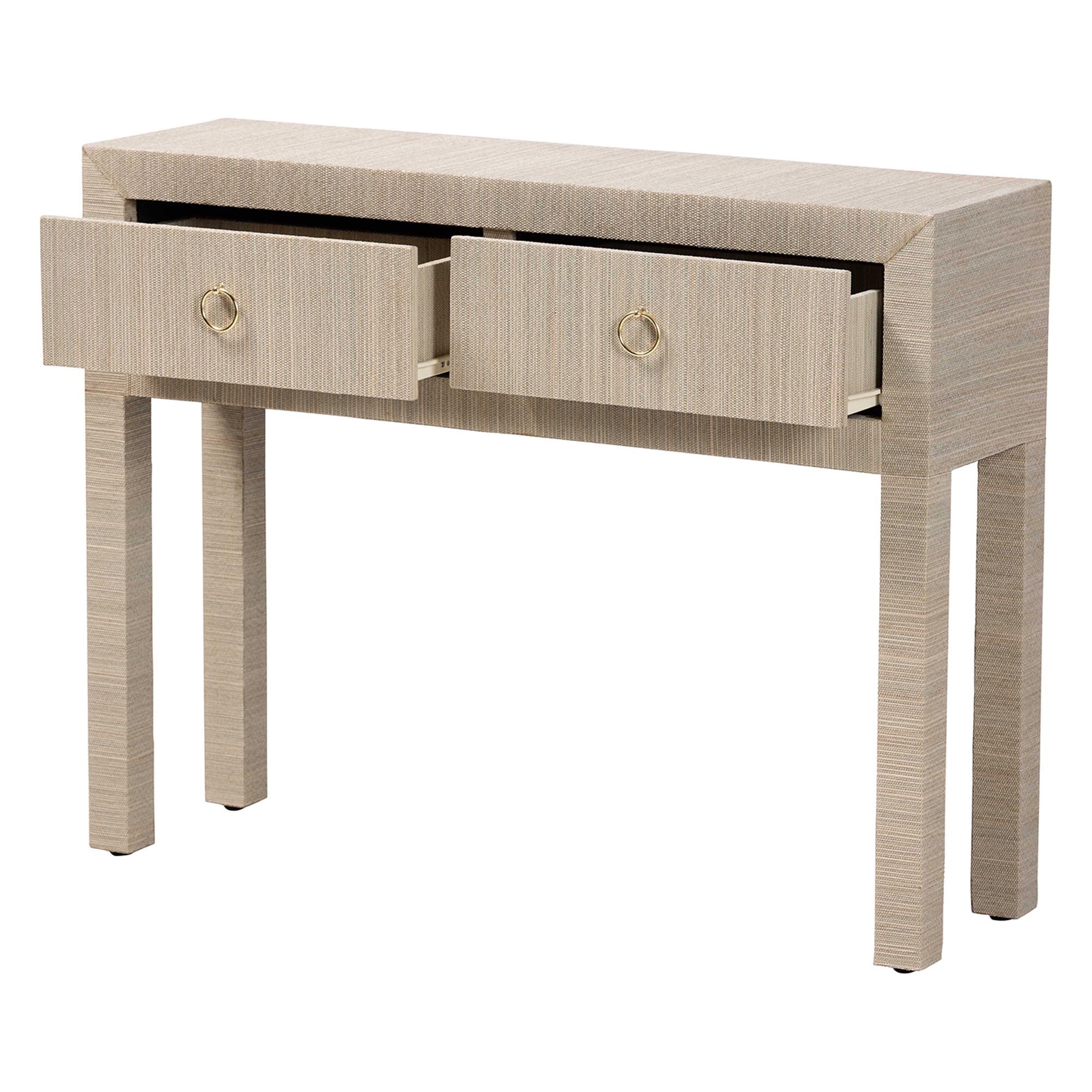 bali & pari Noah Grasscloth 2-Drawer Console Table - Woven Texture Entryway Table with Gold Ring Pulls, Narrow Hallway or Living Room Accent Table, Beige