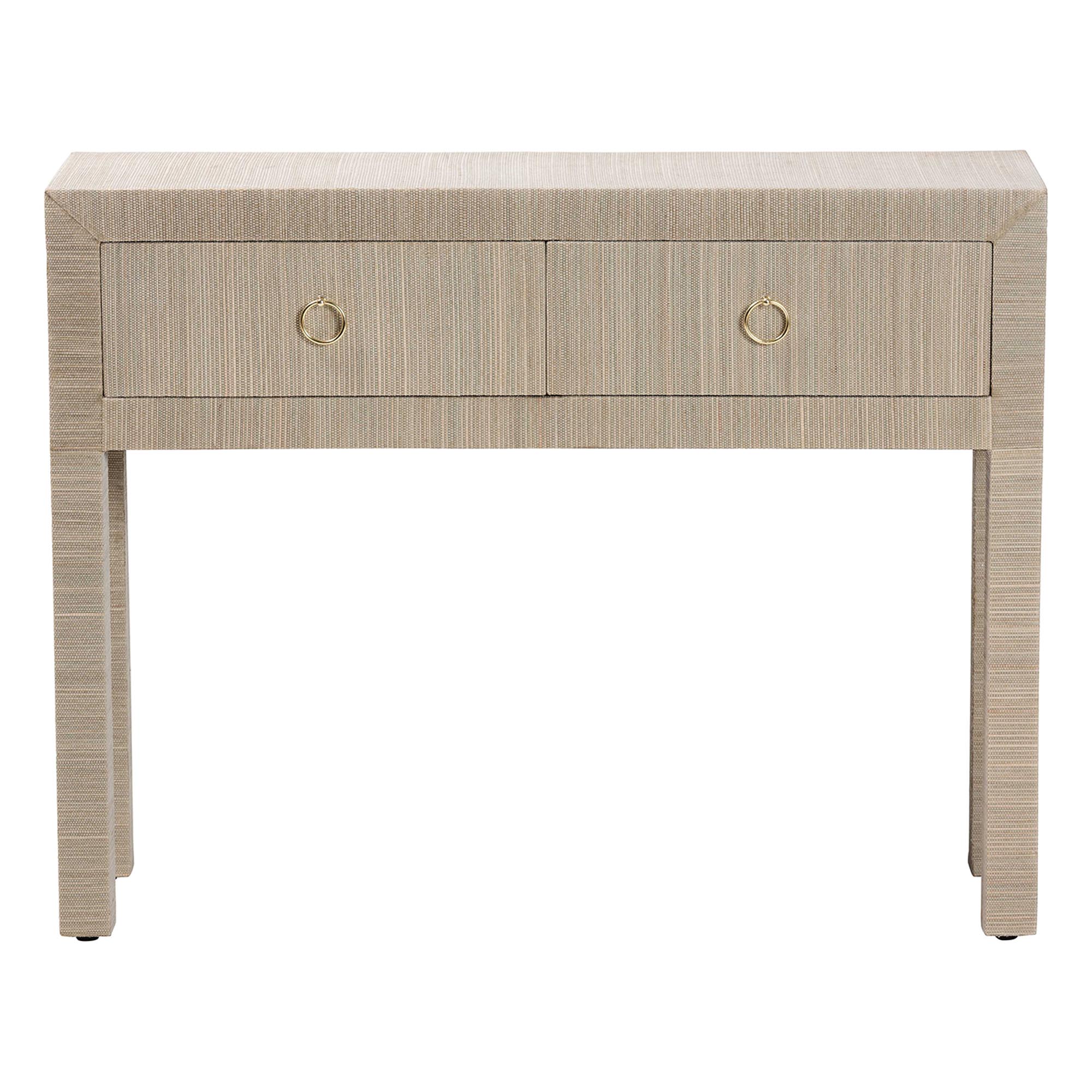 bali & pari Noah Grasscloth 2-Drawer Console Table - Woven Texture Entryway Table with Gold Ring Pulls, Narrow Hallway or Living Room Accent Table, Beige