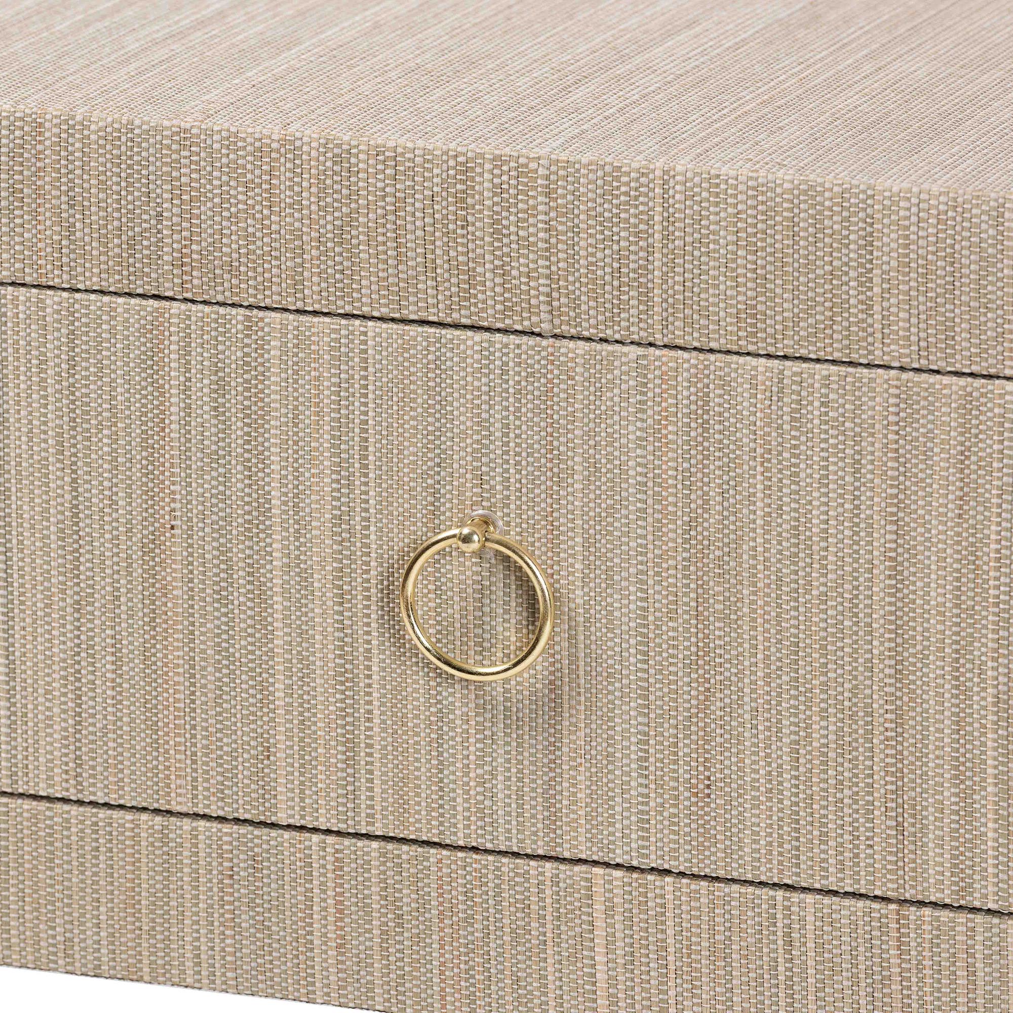 bali & pari Noah Grasscloth 2-Drawer Console Table - Woven Texture Entryway Table with Gold Ring Pulls, Narrow Hallway or Living Room Accent Table, Beige