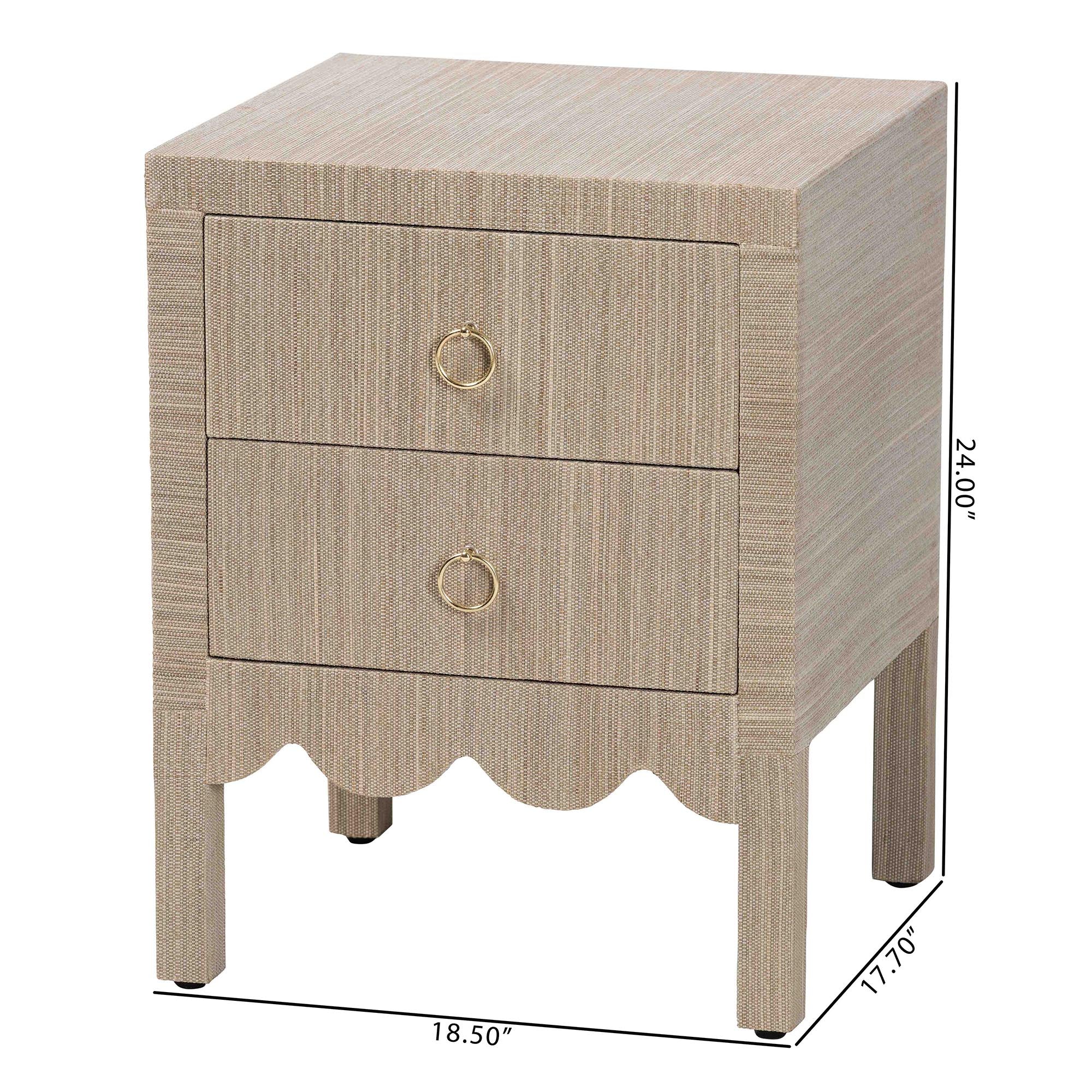 bali & pari Juniper Grasscloth Nightstand with Scalloped Base - Woven Texture 2-Drawer Bedside Table with Gold Ring Pulls, Accent Bedroom Storage Furniture