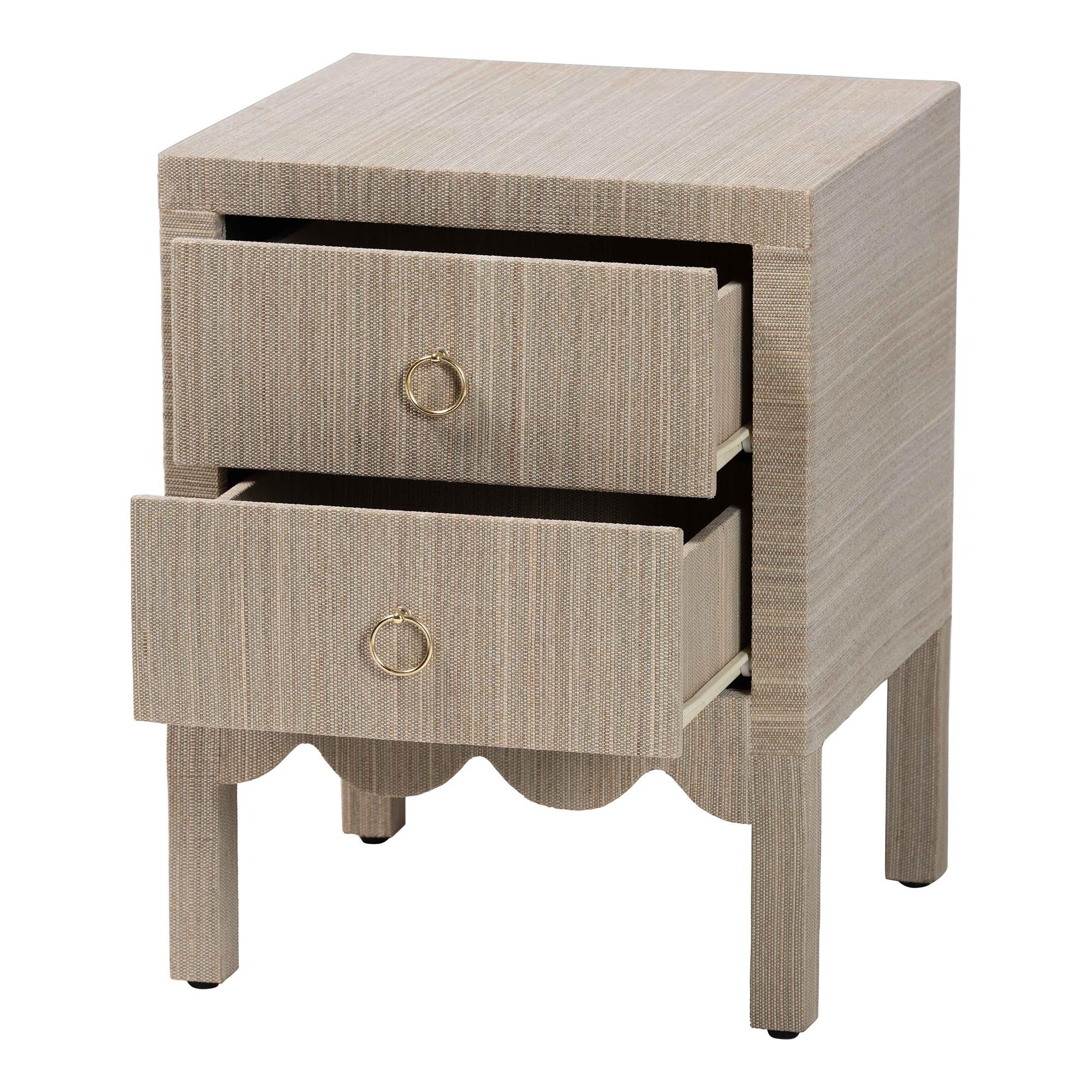 bali & pari Juniper Grasscloth Nightstand with Scalloped Base - Woven Texture 2-Drawer Bedside Table with Gold Ring Pulls, Accent Bedroom Storage Furniture