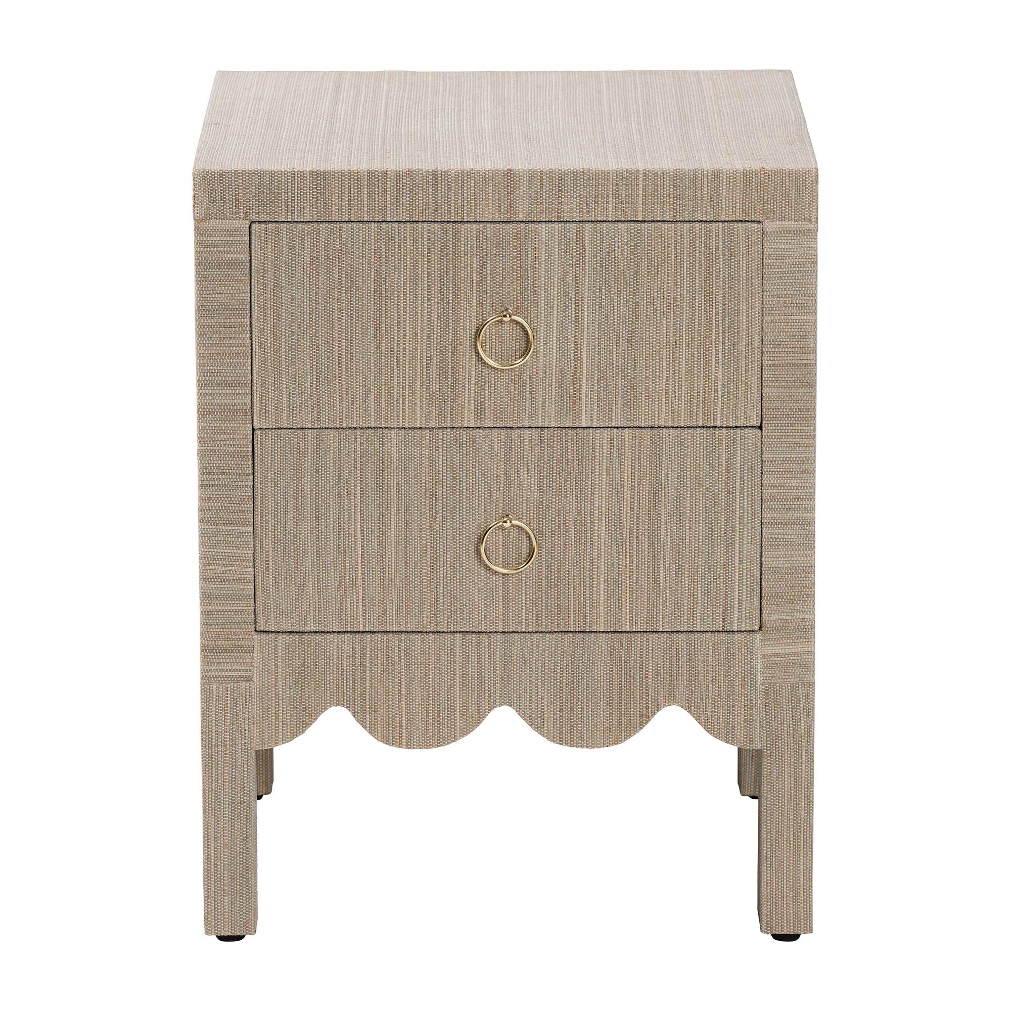 bali & pari Juniper Grasscloth Nightstand with Scalloped Base - Woven Texture 2-Drawer Bedside Table with Gold Ring Pulls, Accent Bedroom Storage Furniture