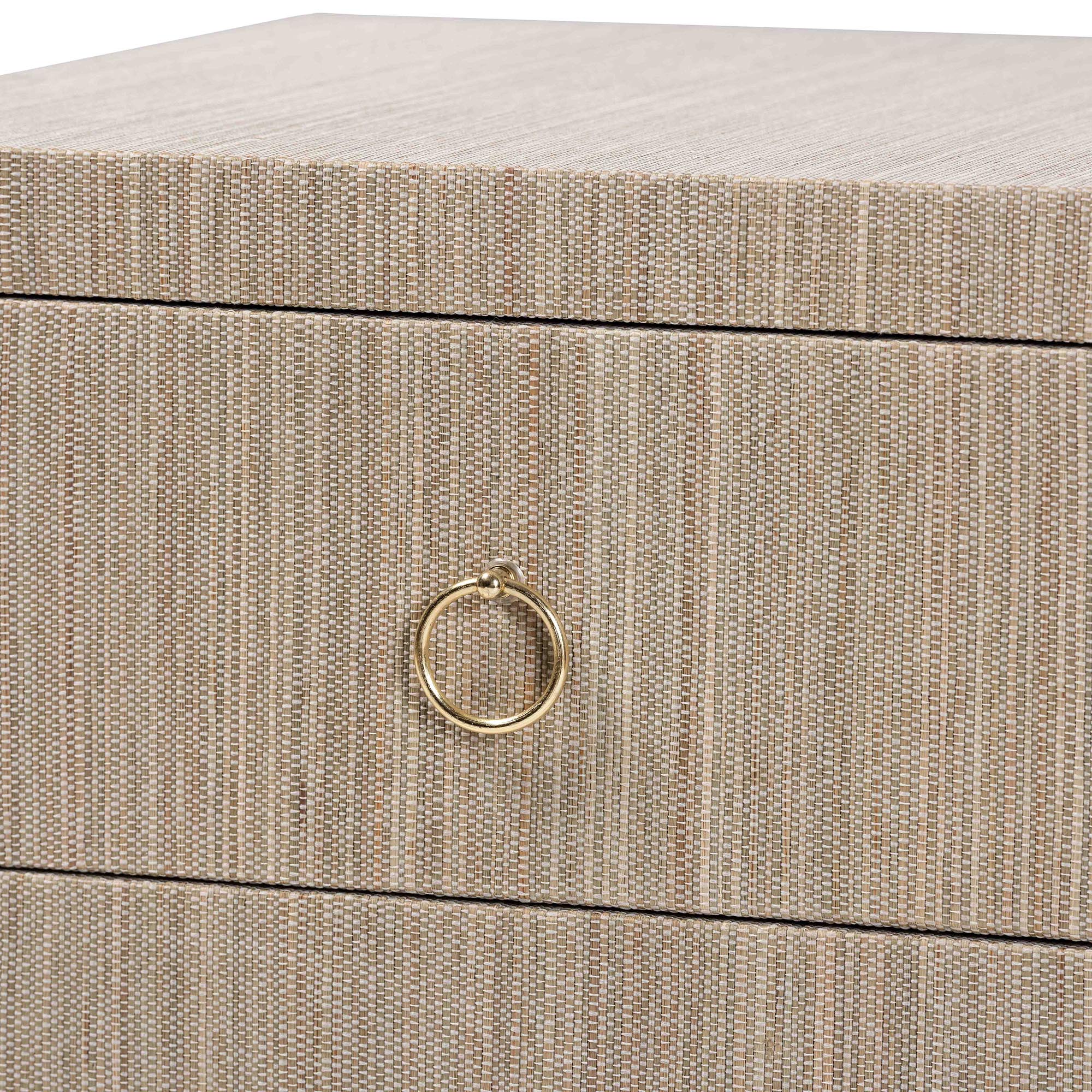 bali & pari Juniper Grasscloth Nightstand with Scalloped Base - Woven Texture 2-Drawer Bedside Table with Gold Ring Pulls, Accent Bedroom Storage Furniture