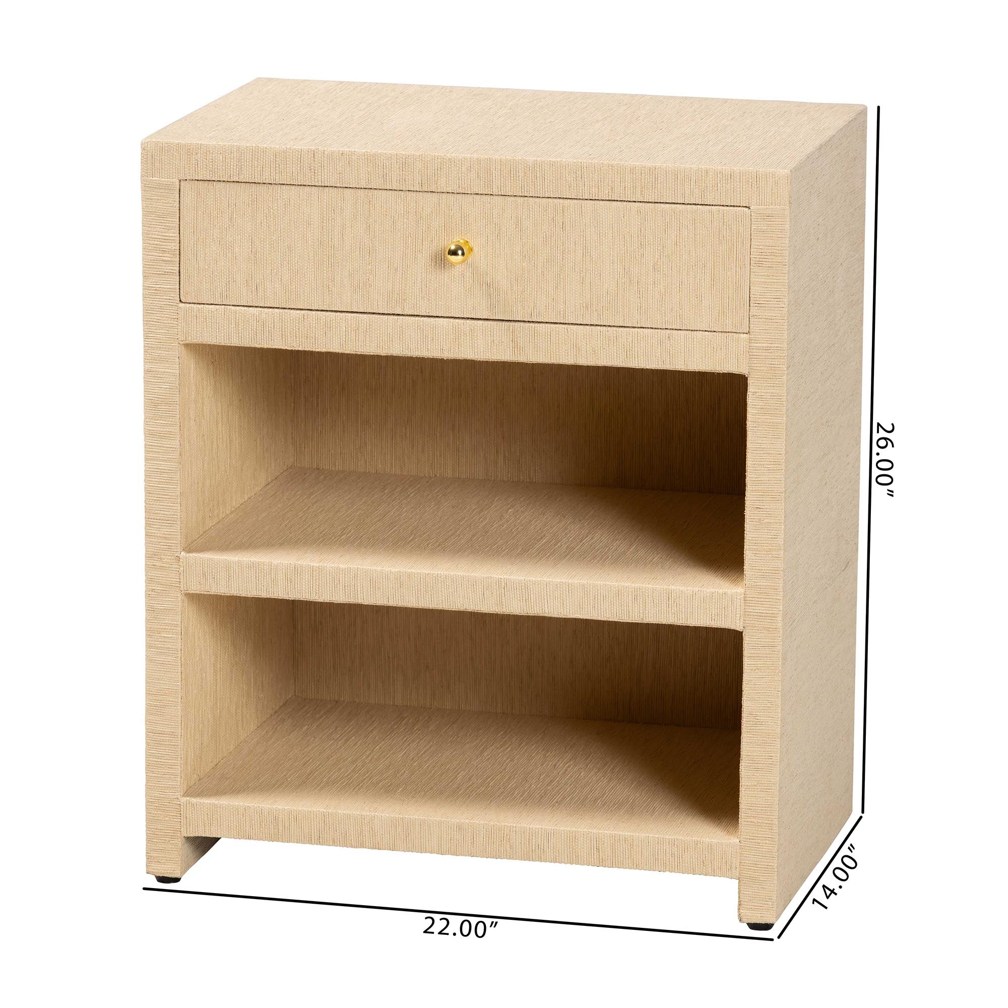 bali & pari William Grasscloth 1-Drawer Nightstand with Open Shelves - Woven Texture Bedside Table with Gold Knob, Modern Coastal Accent Table for Bedroom
