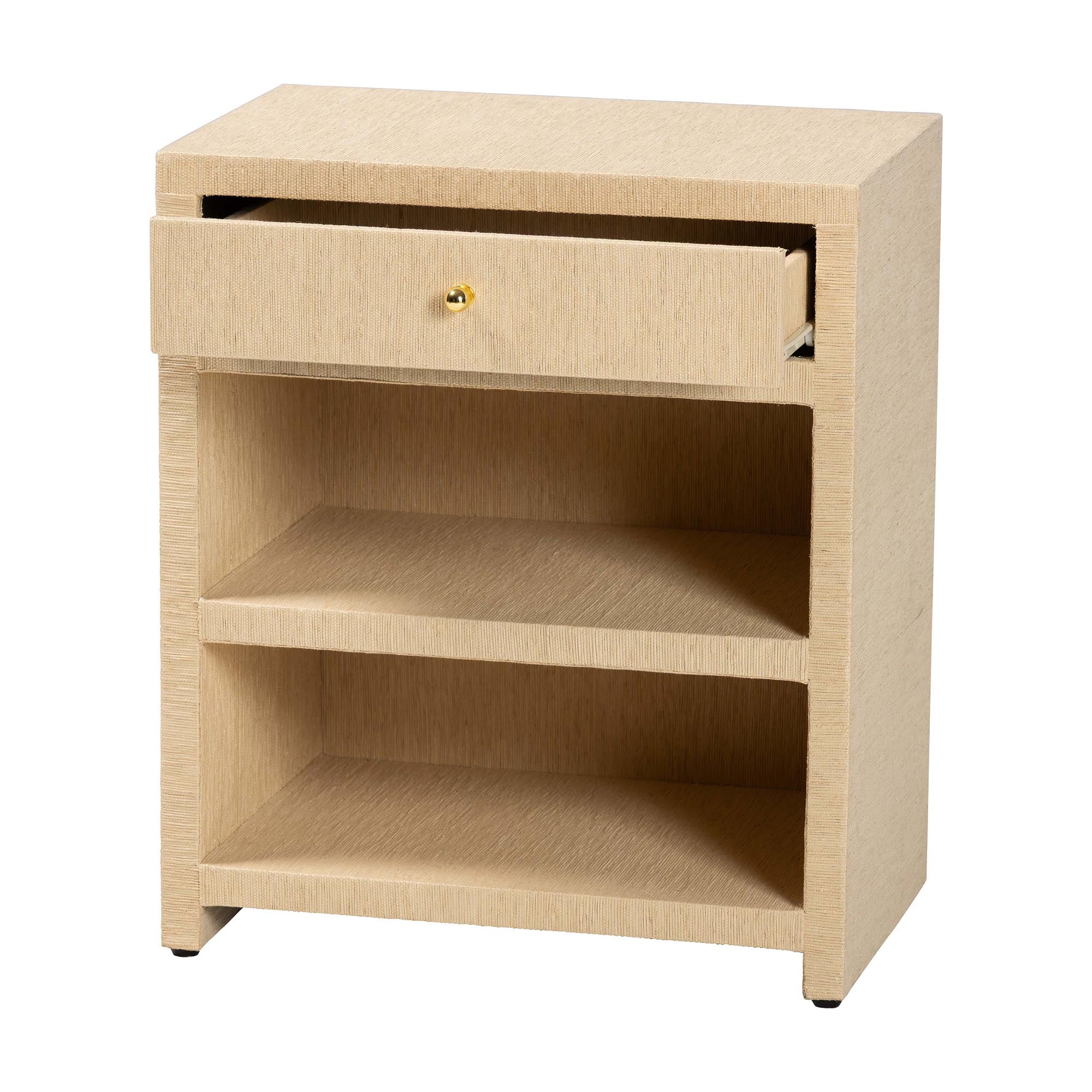 bali & pari William Grasscloth 1-Drawer Nightstand with Open Shelves - Woven Texture Bedside Table with Gold Knob, Modern Coastal Accent Table for Bedroom