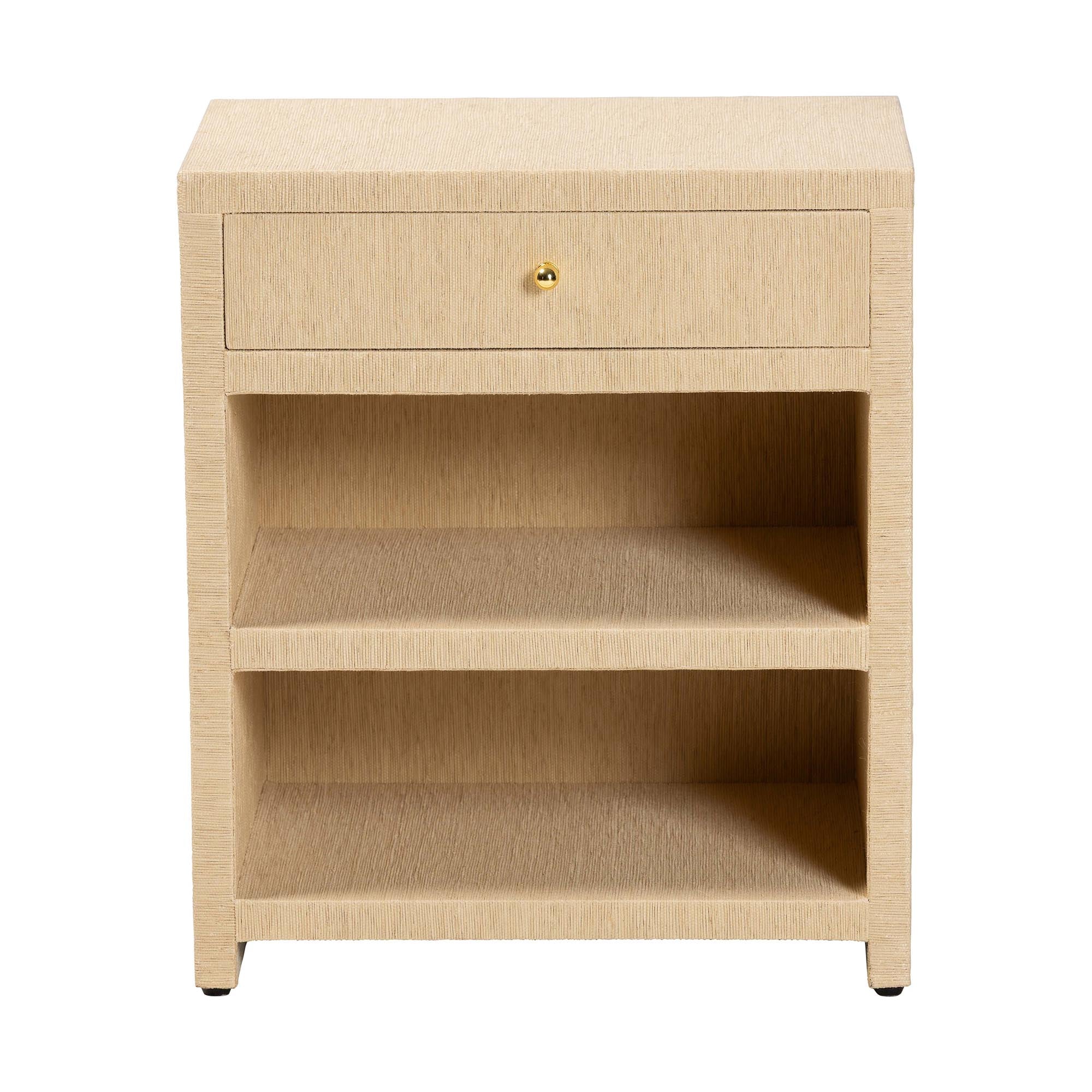 bali & pari William Grasscloth 1-Drawer Nightstand with Open Shelves - Woven Texture Bedside Table with Gold Knob, Modern Coastal Accent Table for Bedroom