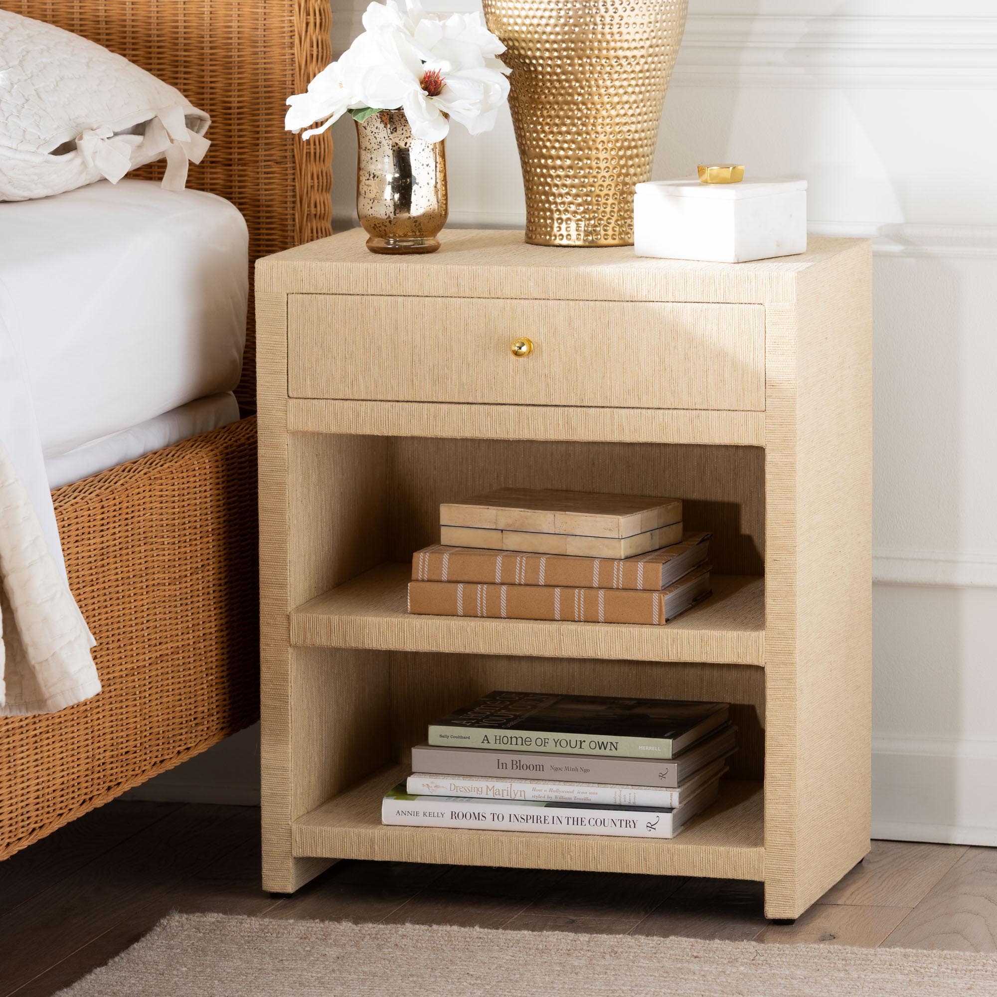bali & pari William Grasscloth 1-Drawer Nightstand with Open Shelves - Woven Texture Bedside Table with Gold Knob, Modern Coastal Accent Table for Bedroom