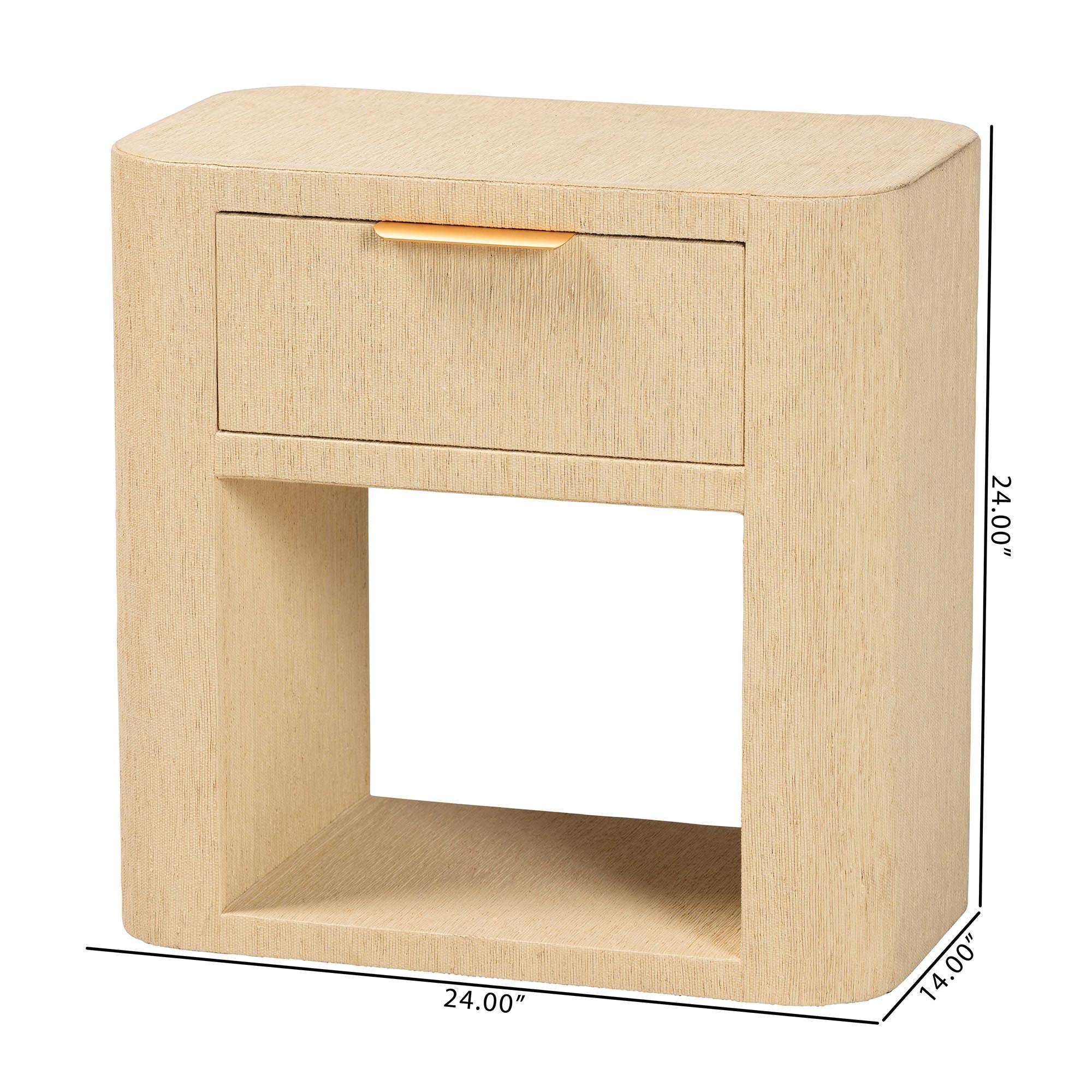 bali & pari Beauford Grasscloth 1-Drawer Nightstand with Open Shelf - Woven Texture Bedside Table with Rounded Corners and Gold Handle, Modern Coastal Accent Table for Bedroom or Living Room