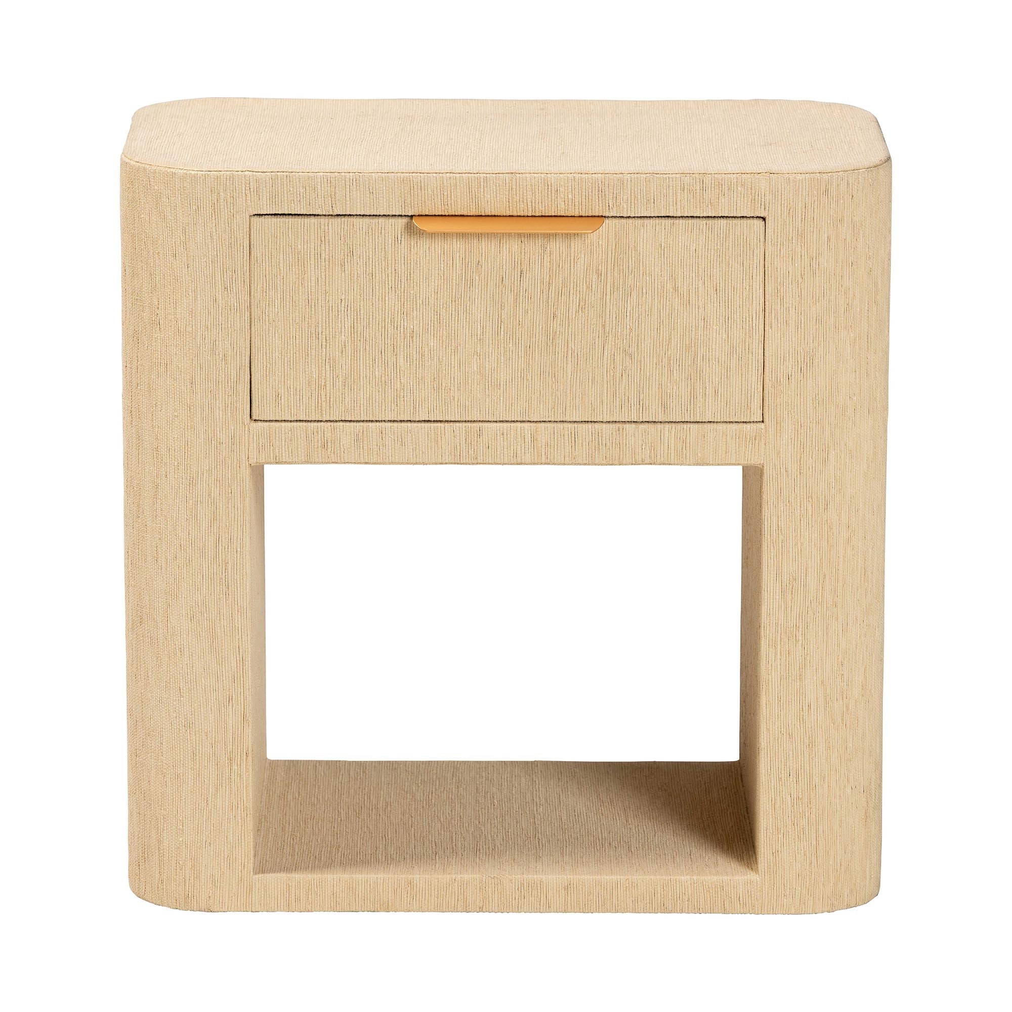 bali & pari Beauford Grasscloth 1-Drawer Nightstand with Open Shelf - Woven Texture Bedside Table with Rounded Corners and Gold Handle, Modern Coastal Accent Table for Bedroom or Living Room