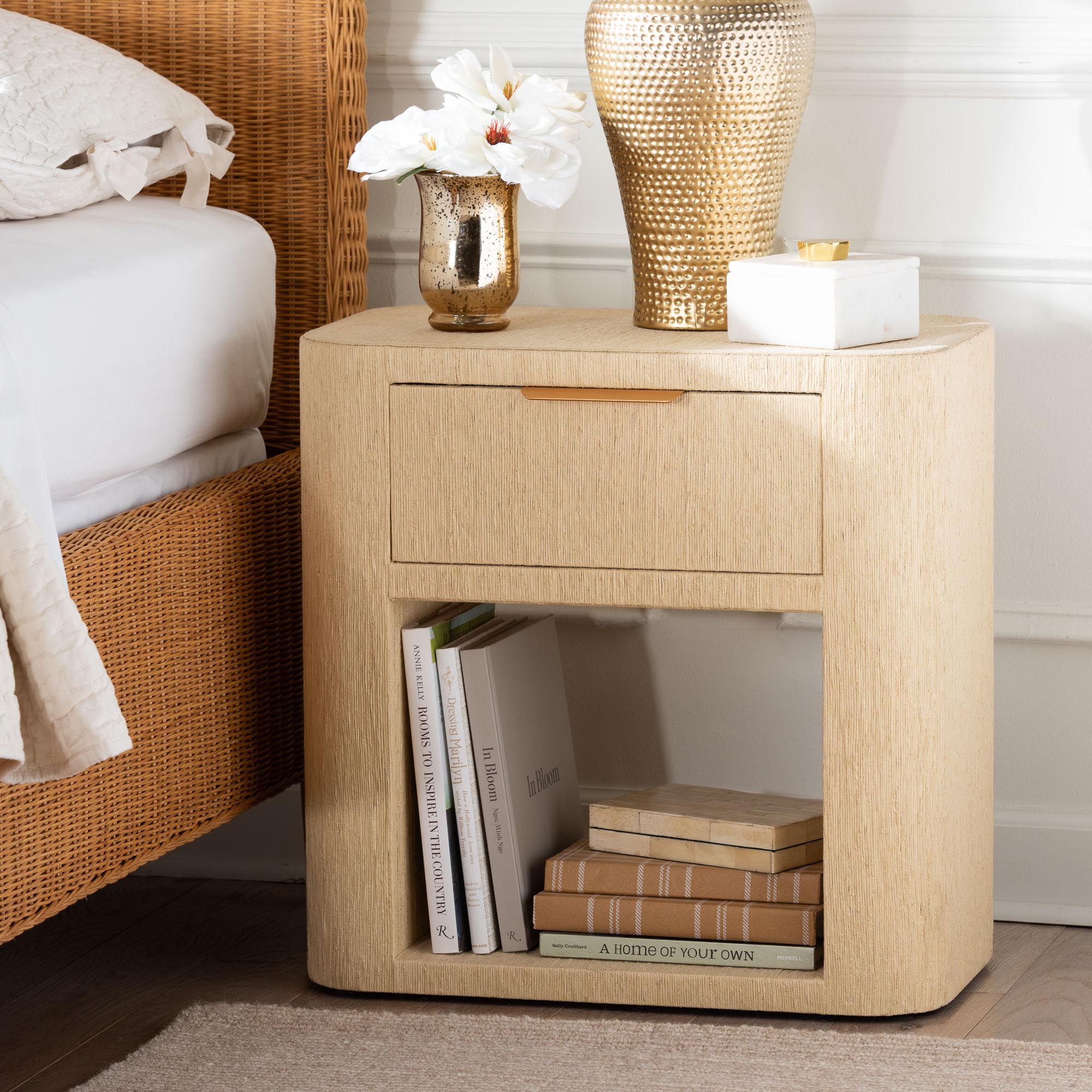 bali & pari Beauford Grasscloth 1-Drawer Nightstand with Open Shelf - Woven Texture Bedside Table with Rounded Corners and Gold Handle, Modern Coastal Accent Table for Bedroom or Living Room