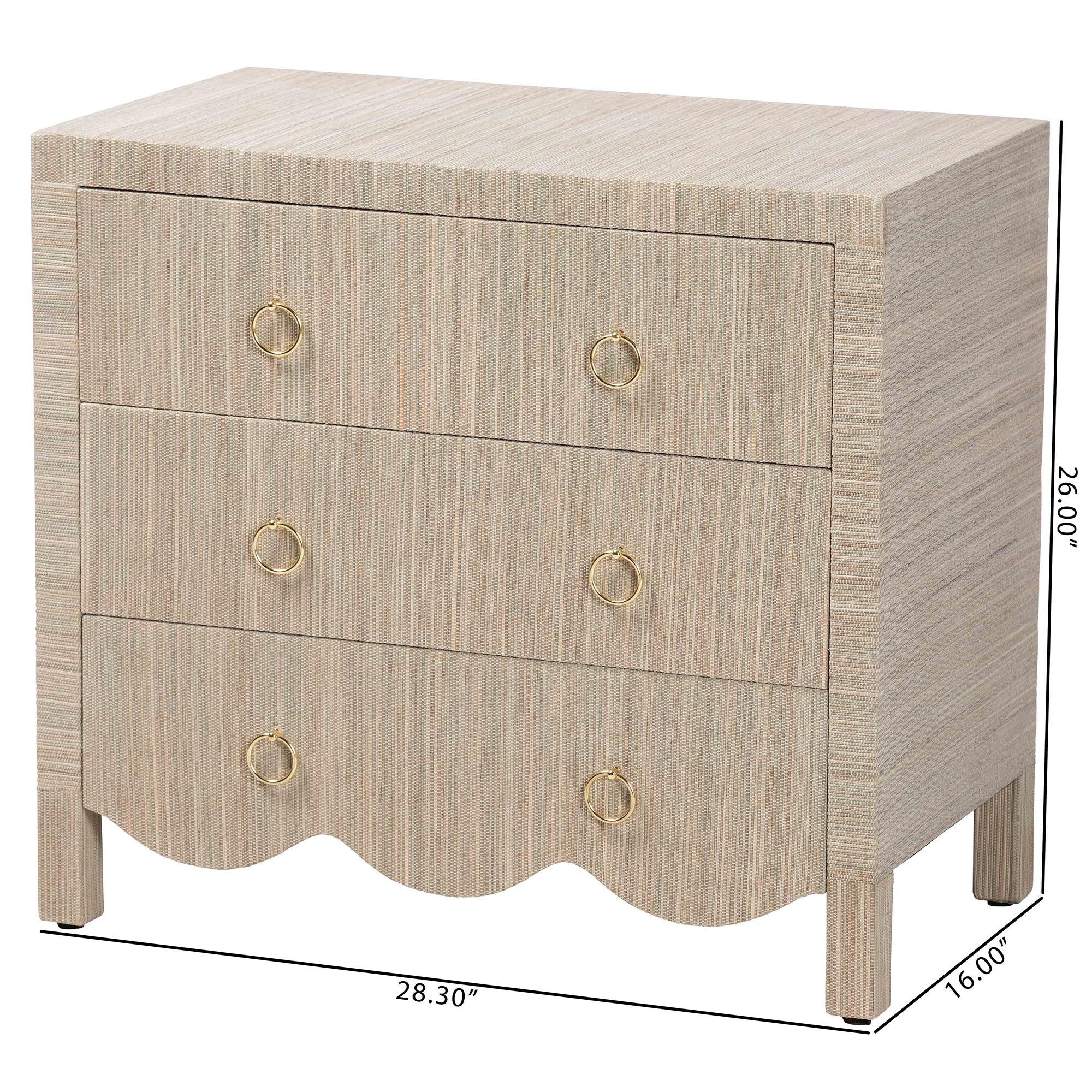 bali & pari Umika Grasscloth Nightstand with Scalloped Base - 3-Drawer Accent Chest with Gold Ring Pulls, Bedroom Storage Table or Side Cabinet