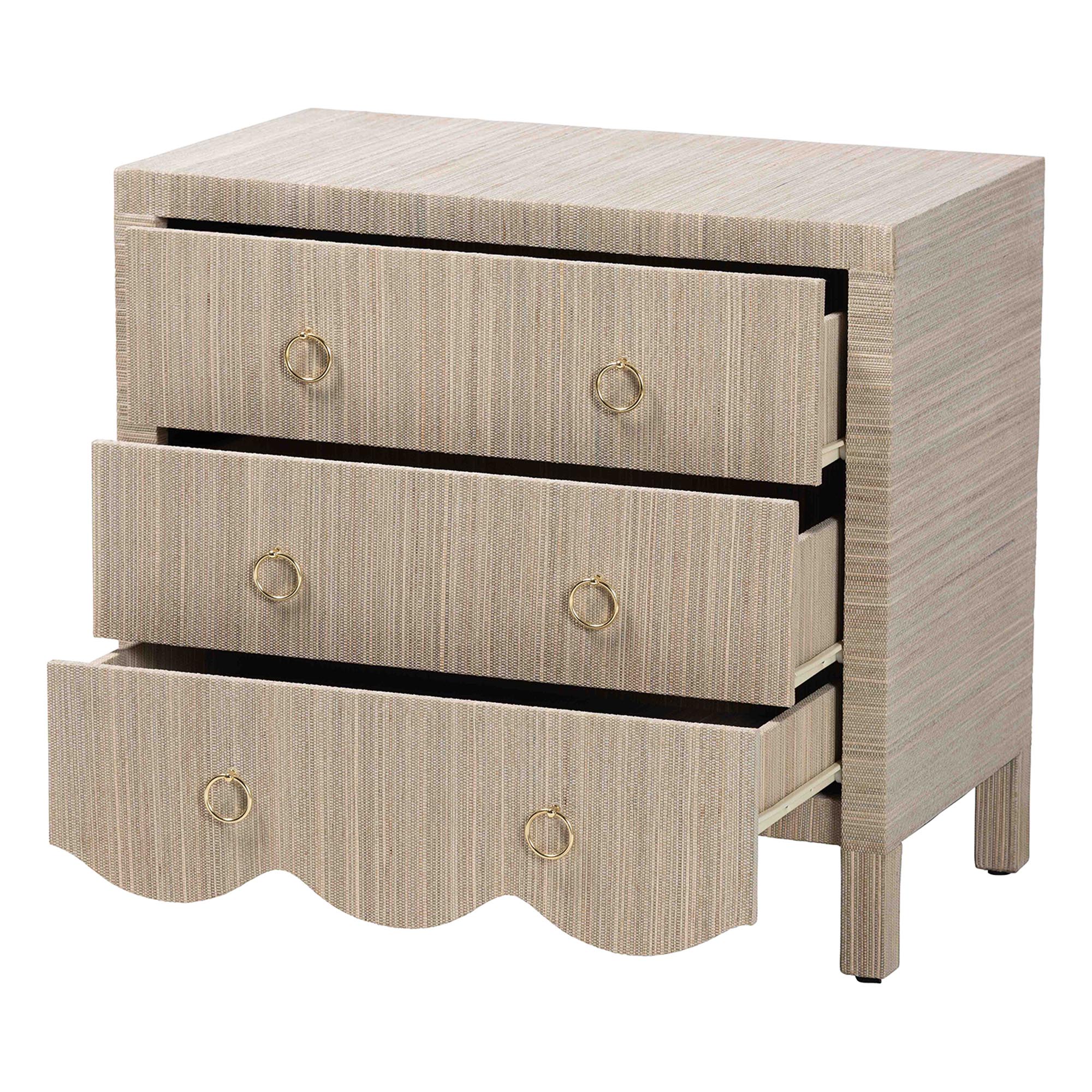 bali & pari Umika Grasscloth Nightstand with Scalloped Base - 3-Drawer Accent Chest with Gold Ring Pulls, Bedroom Storage Table or Side Cabinet