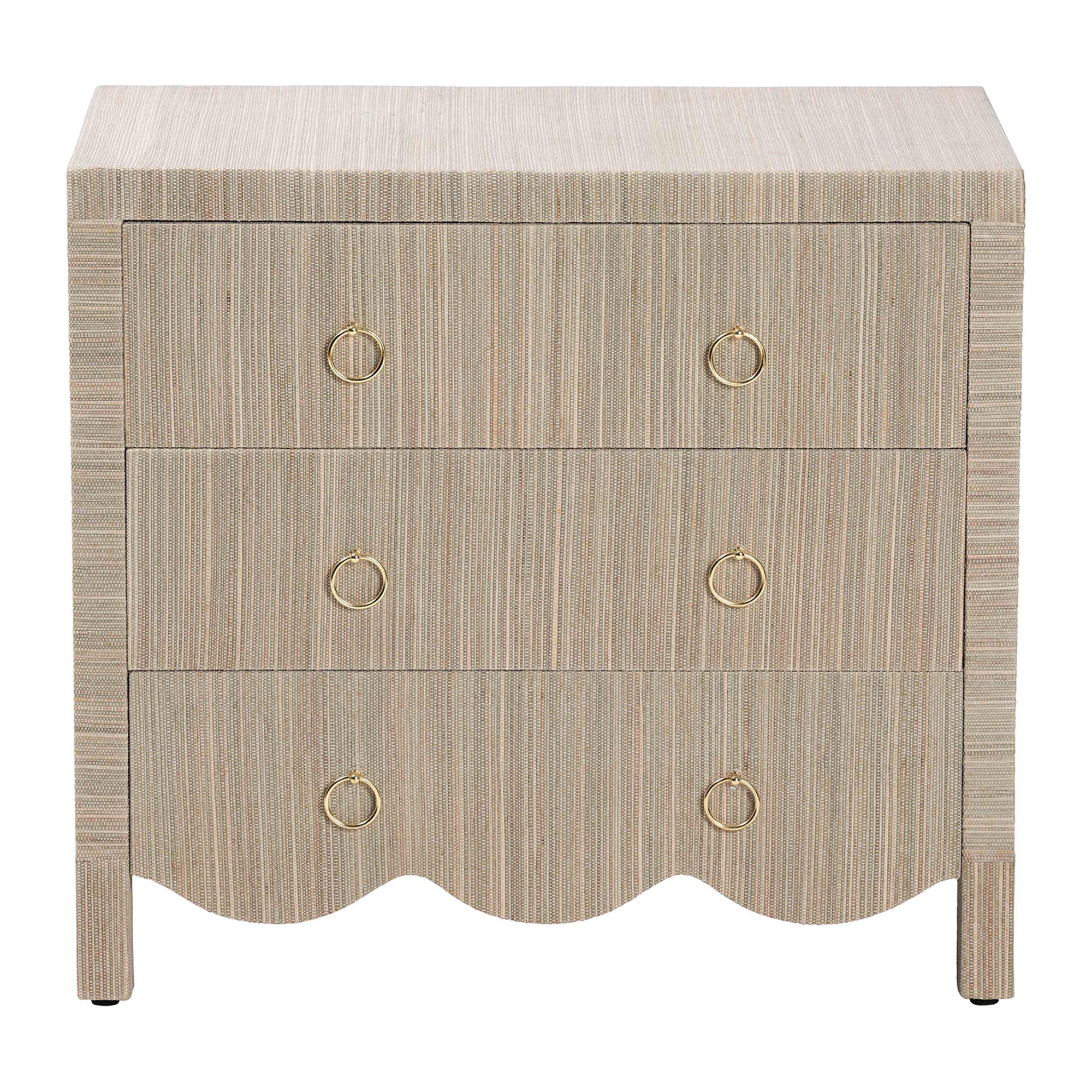 bali & pari Umika Grasscloth Nightstand with Scalloped Base - 3-Drawer Accent Chest with Gold Ring Pulls, Bedroom Storage Table or Side Cabinet