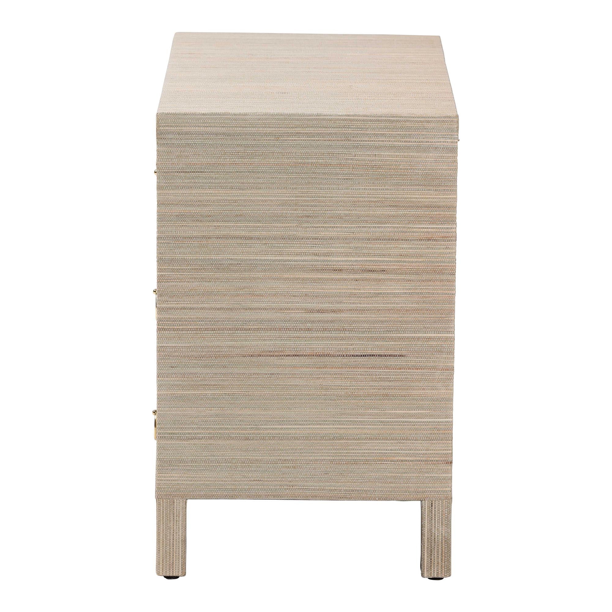 bali & pari Umika Grasscloth Nightstand with Scalloped Base - 3-Drawer Accent Chest with Gold Ring Pulls, Bedroom Storage Table or Side Cabinet