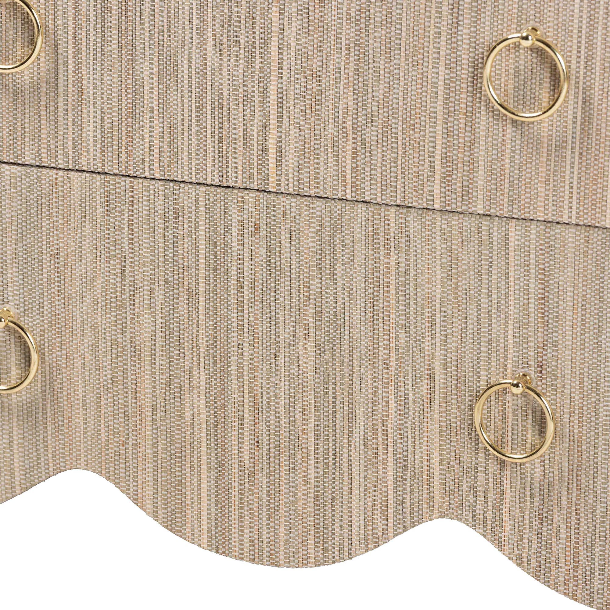bali & pari Umika Grasscloth Nightstand with Scalloped Base - 3-Drawer Accent Chest with Gold Ring Pulls, Bedroom Storage Table or Side Cabinet