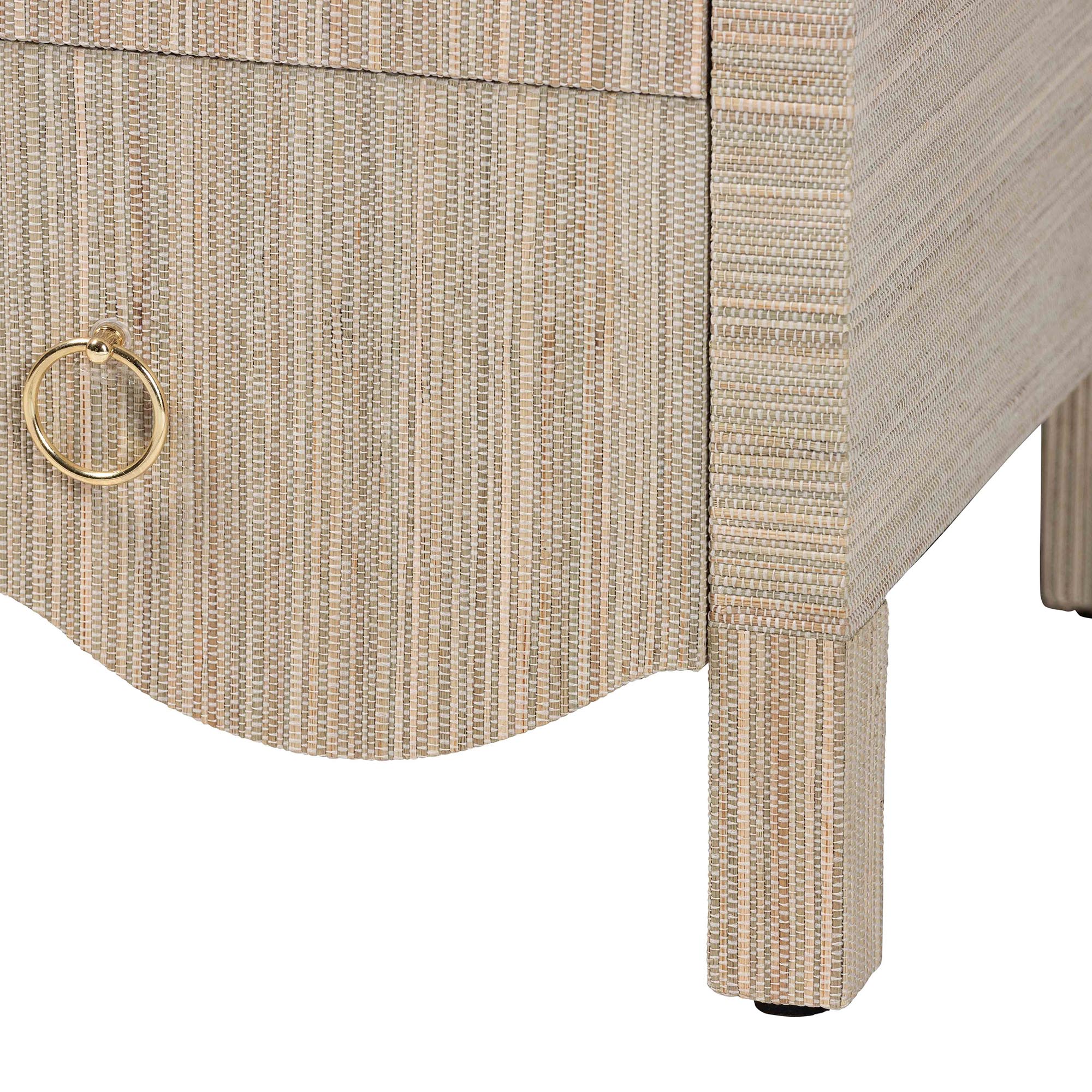 bali & pari Umika Grasscloth Nightstand with Scalloped Base - 3-Drawer Accent Chest with Gold Ring Pulls, Bedroom Storage Table or Side Cabinet